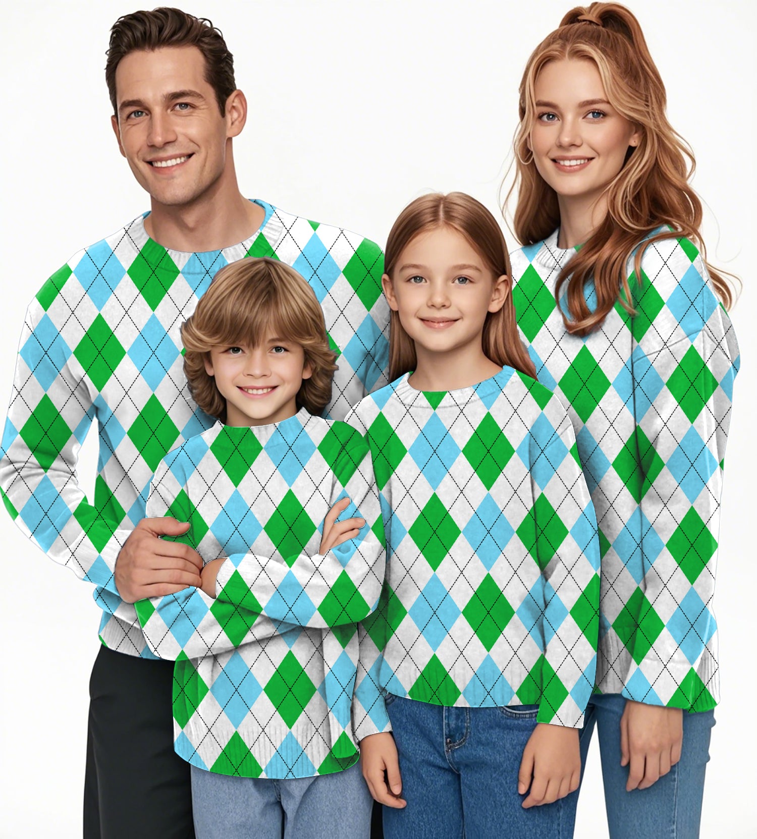 Green diamond grid Crewneck Pullover Ugly Sweater Men Women boy girl family