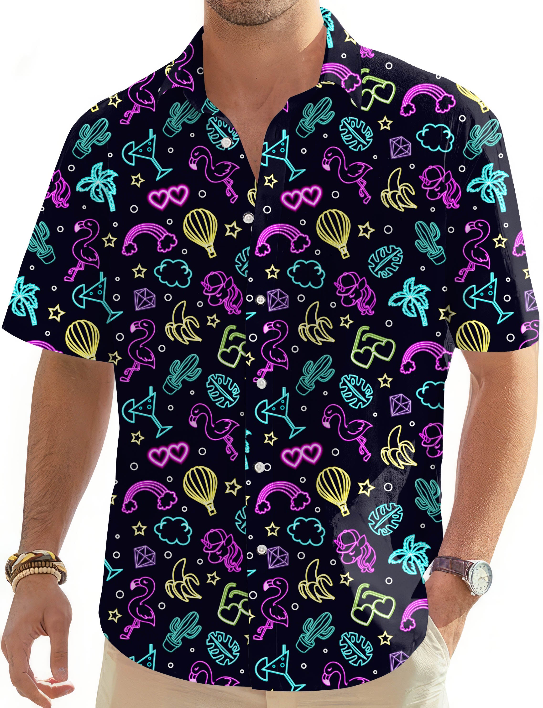 Men's Neon Flamingo tropic Hawaiian shirt with colorful tropical print and button-down style