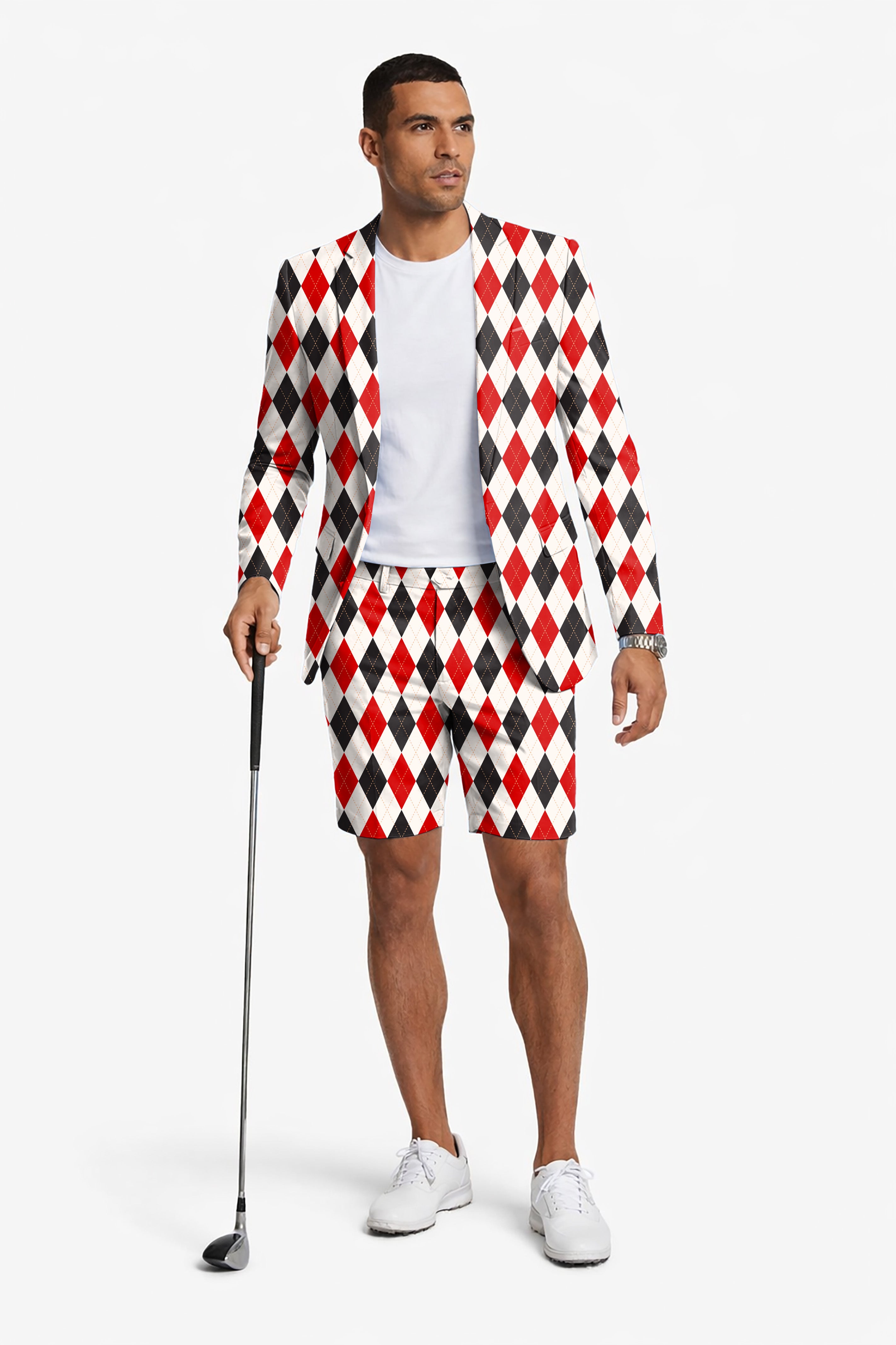 Argyle  Red black grid Men's Party Costumes-Theme Party 2pcs Suit set-Blazer Shorts