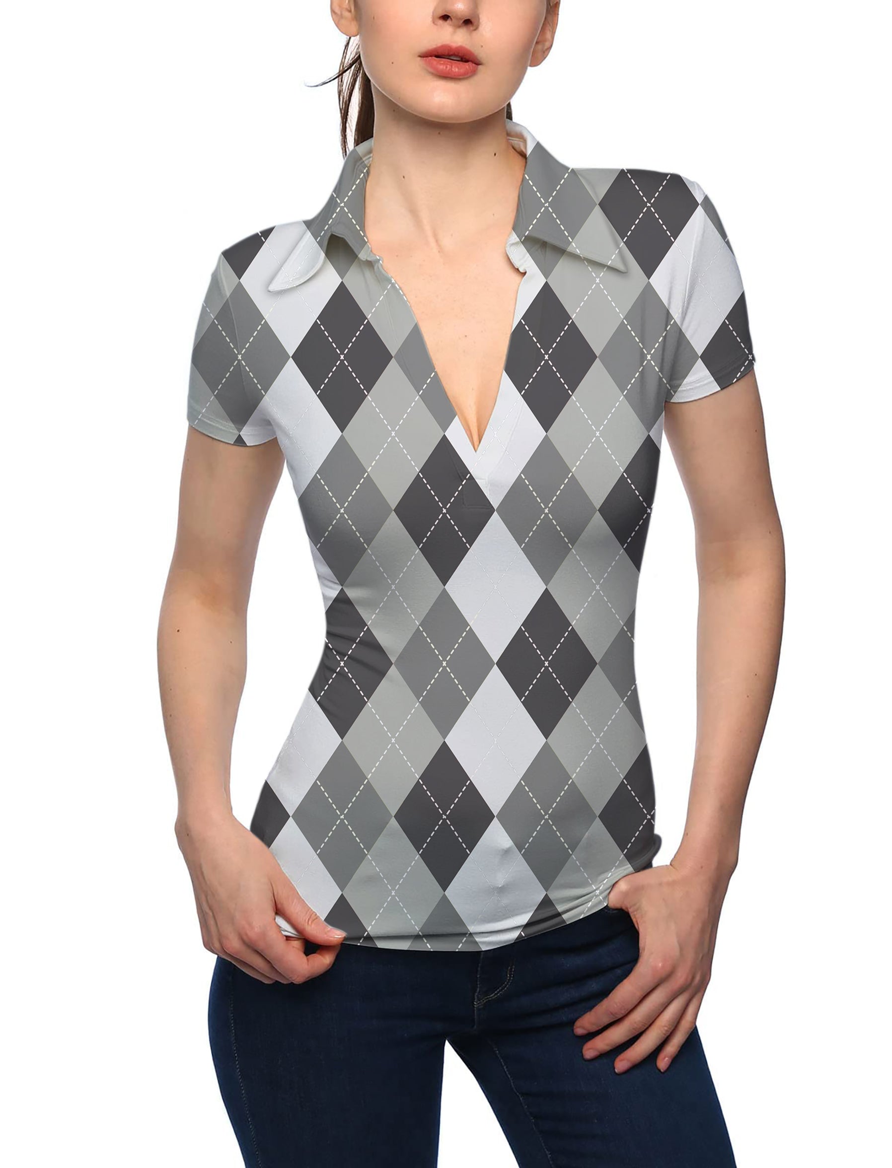 Women's grey Argyle V Neck Golf Polo