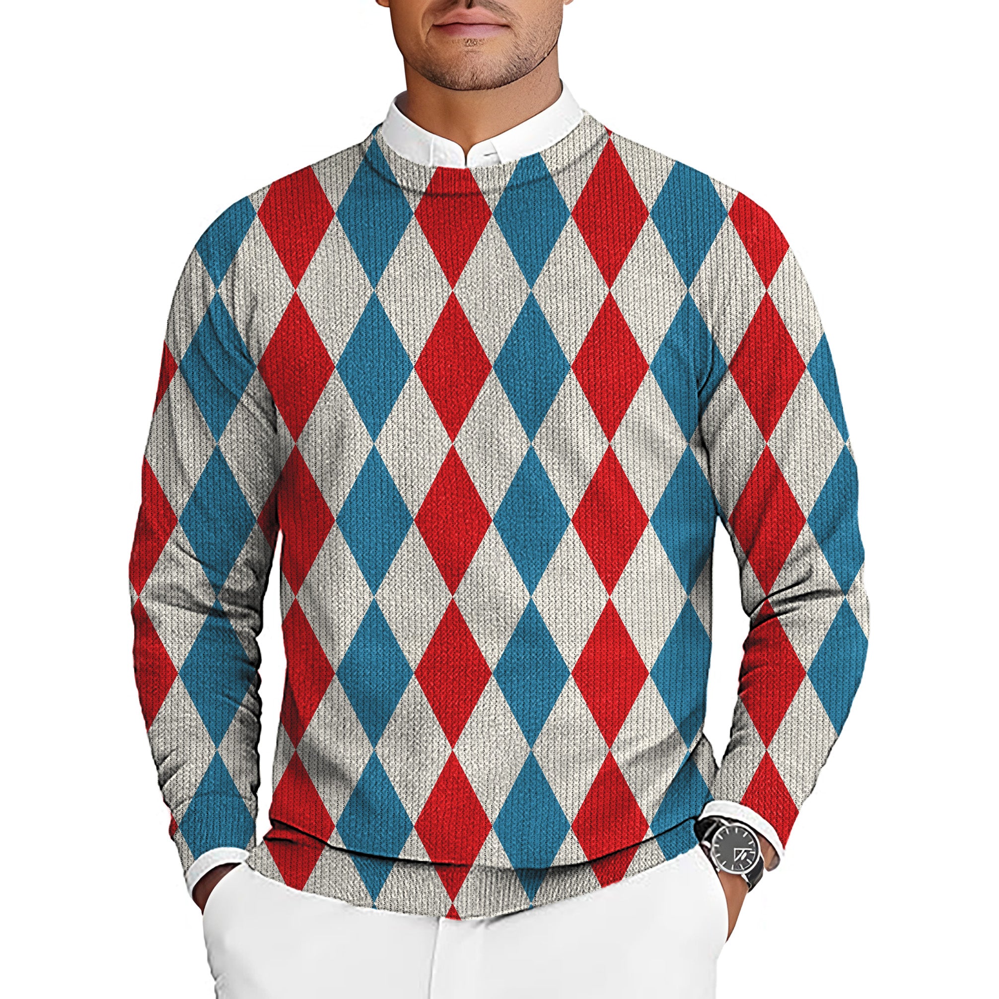 Geometric checkerboard Argyle Men's Golf Crewneck Pullover Sweaters Ugly Sweater