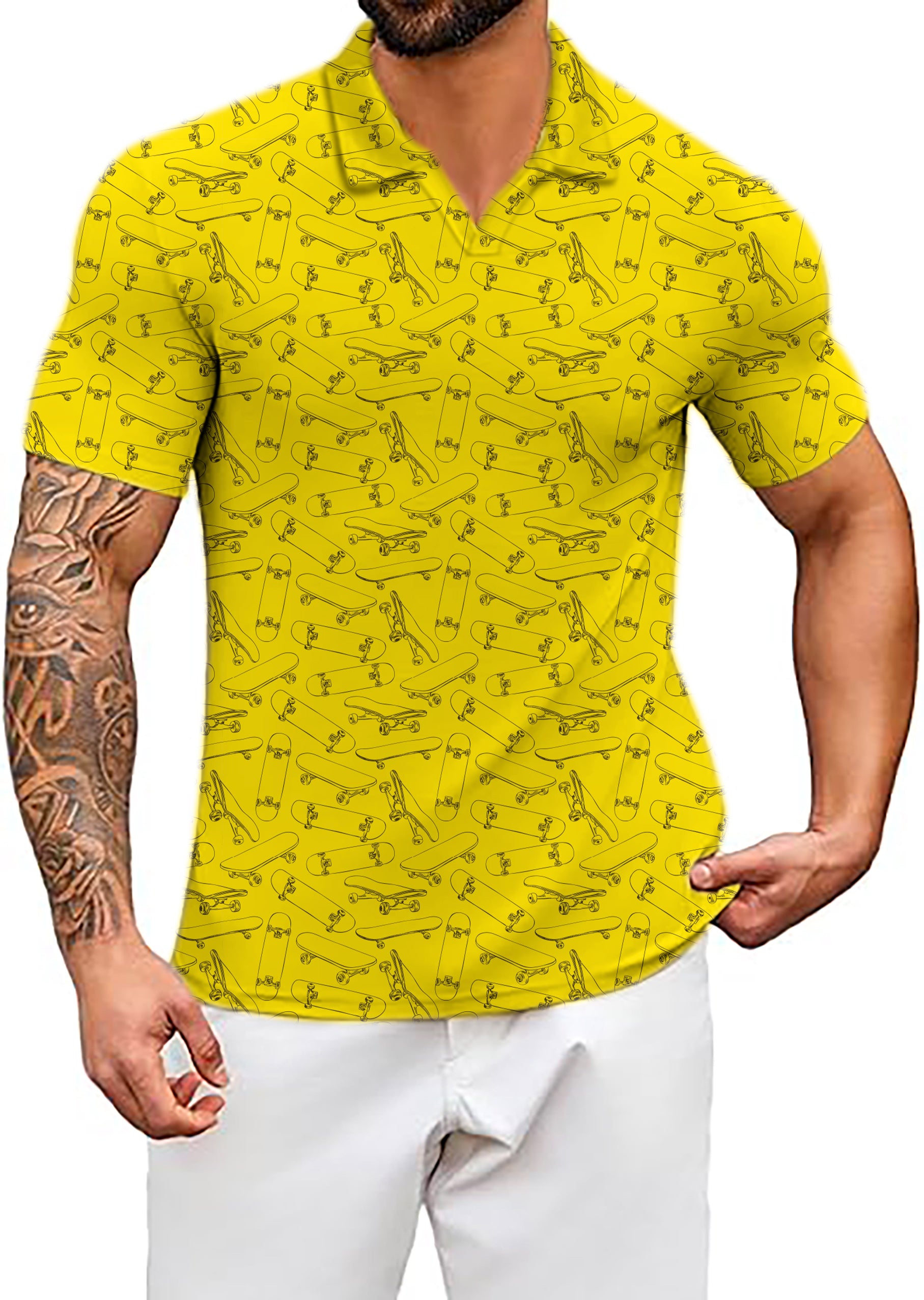 Men's Yellow Skateboard V Neck Golf Polo Shirts