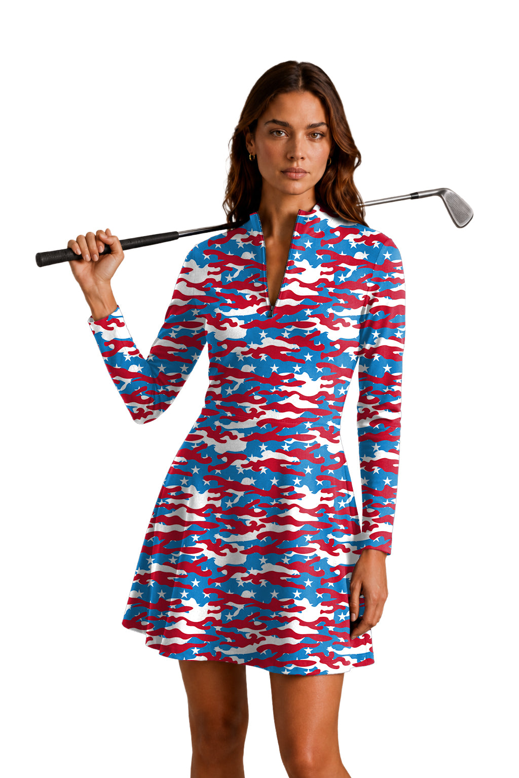 Patriotic Camo Women's Golf Long Sleeve Zipper Dresses Comes with separate matching shorts
