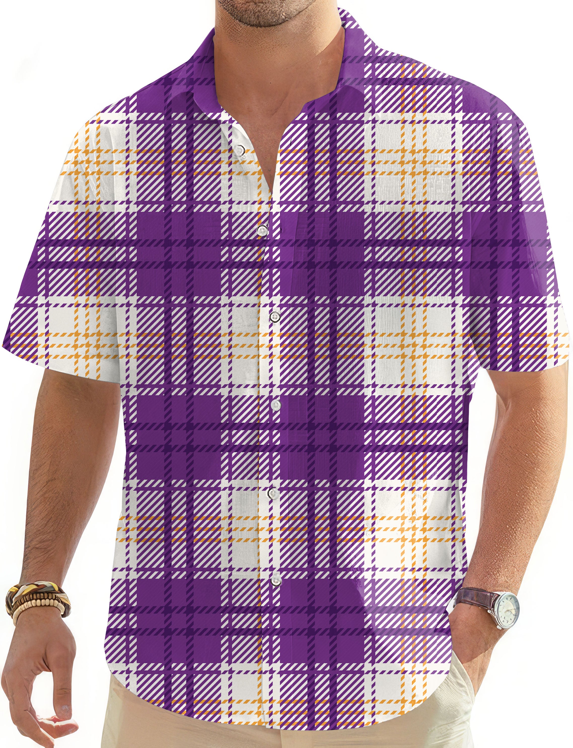 Halloween purple and yellow grid pattern Men's Golf Hawaiian Shirts Button Down Shirt