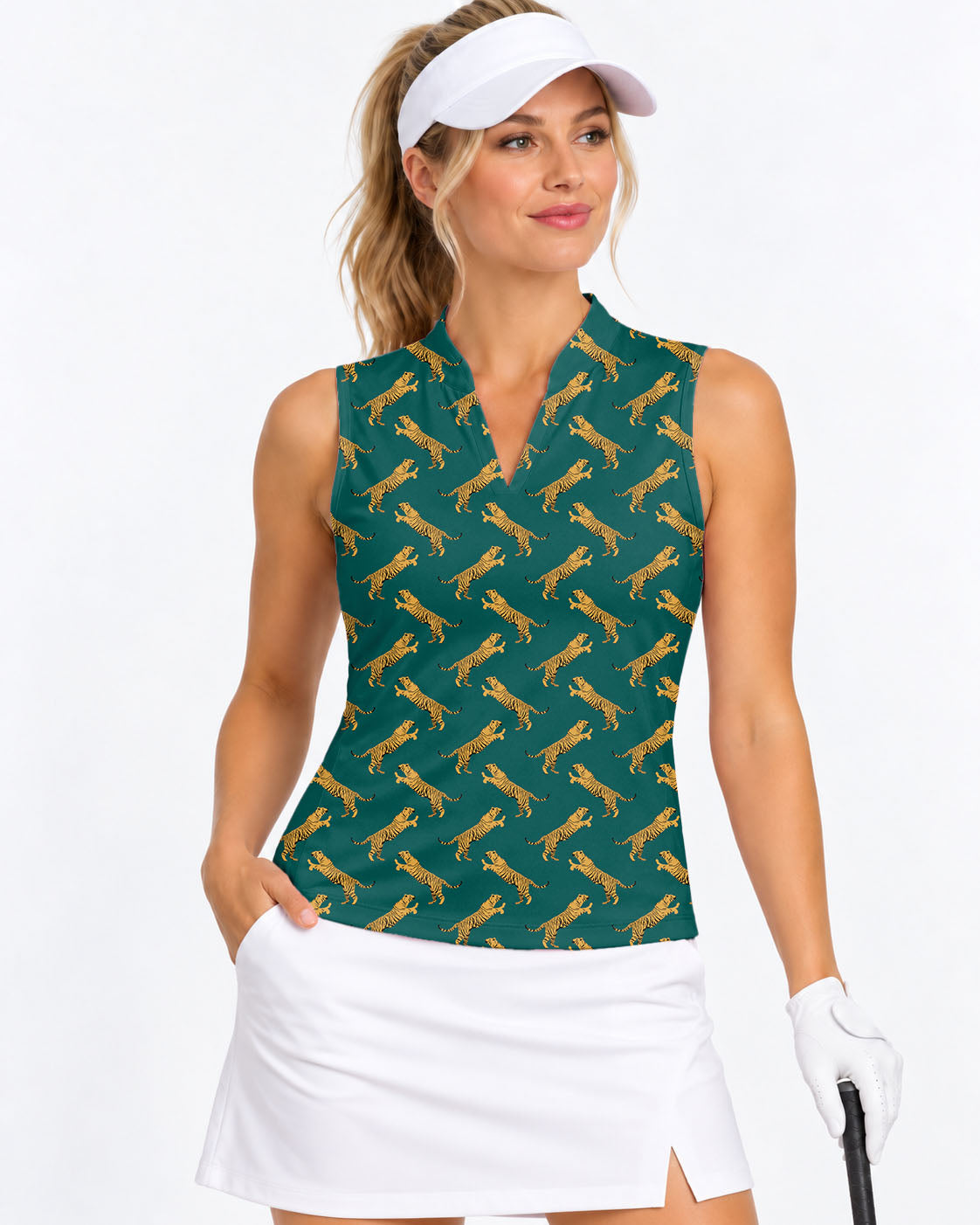 green tiger Women's V Notch Mock Neck Sleeveless Golf Athletic Blouse