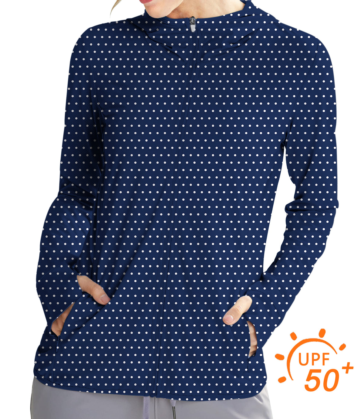 Women's Outdoor Navy blue with white polka dots Golf Sun Protection Slim Fit zip hoodies
