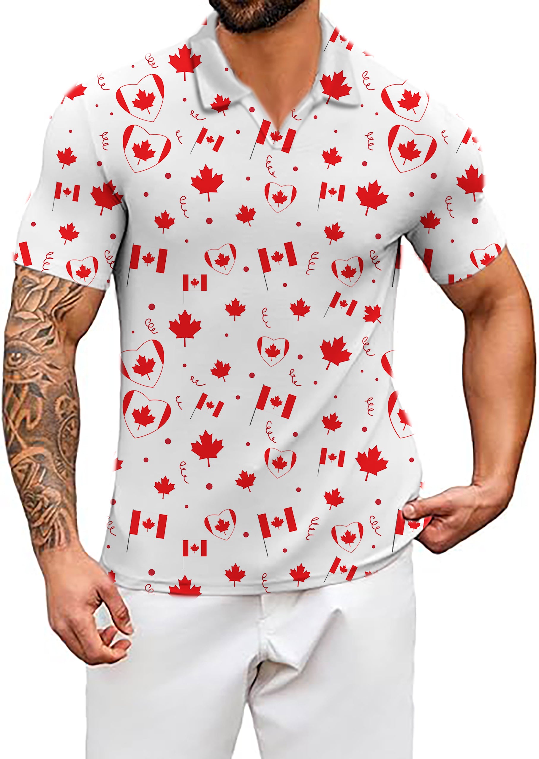 Men's Coconut Palm Canadian Patriotic Flag V Neck Golf Polo Shirts