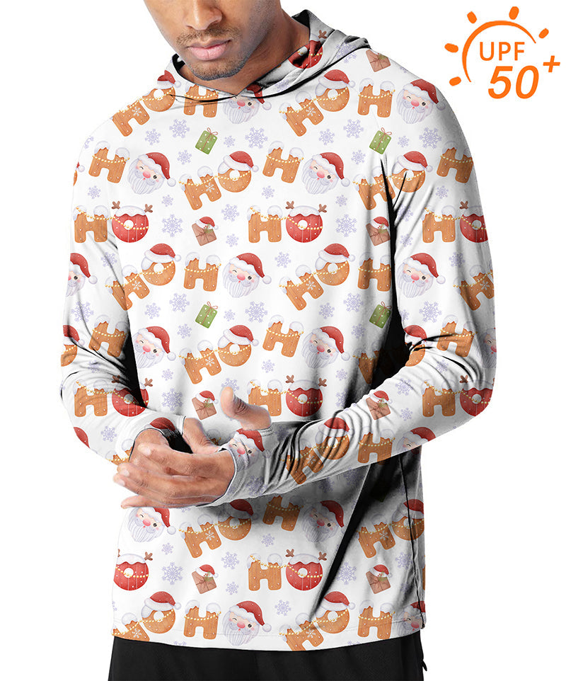 Men's outdoor Christmas gingerbread print slim fit hoodie with UPF 50+ sun protection