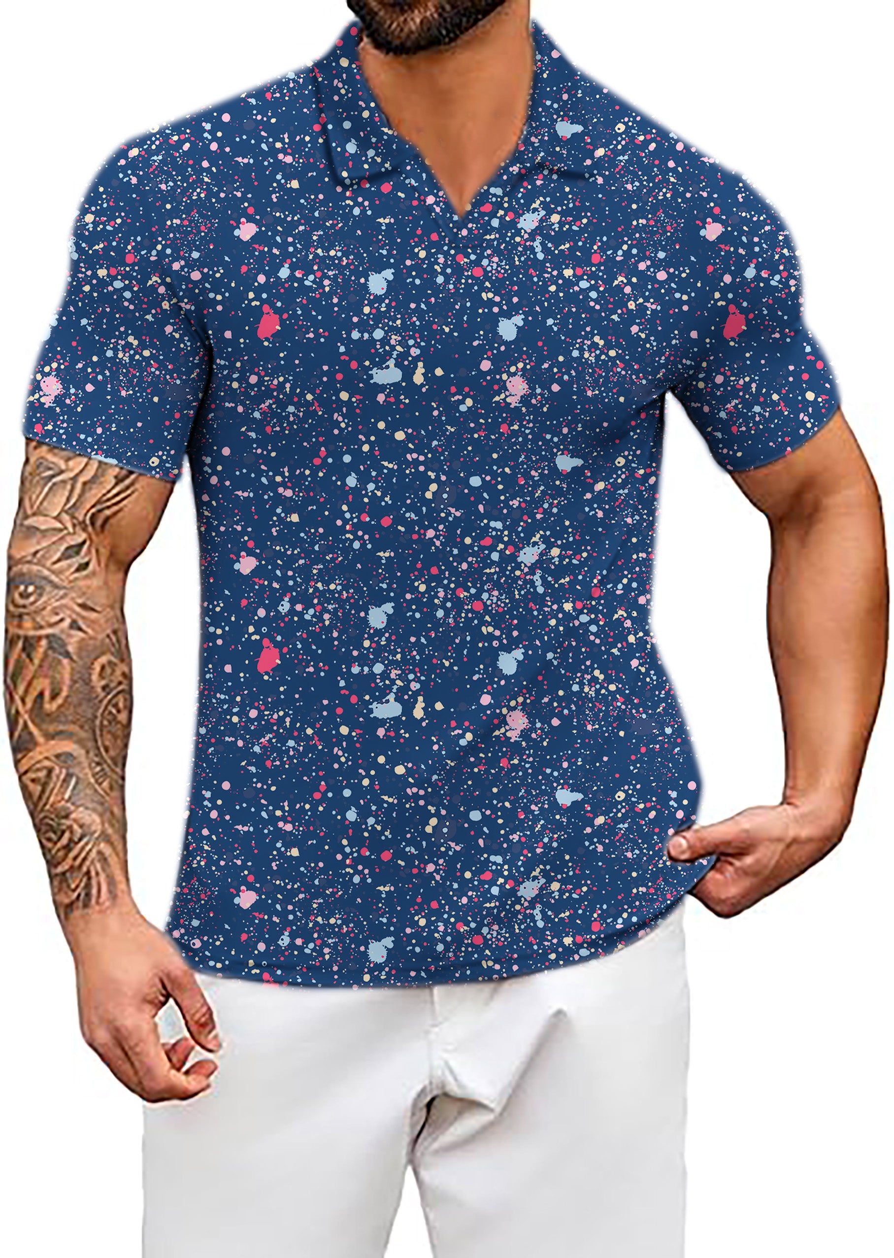Men's Coconut Palm Navy Blue Ink Dots V Neck Golf Polo Shirts