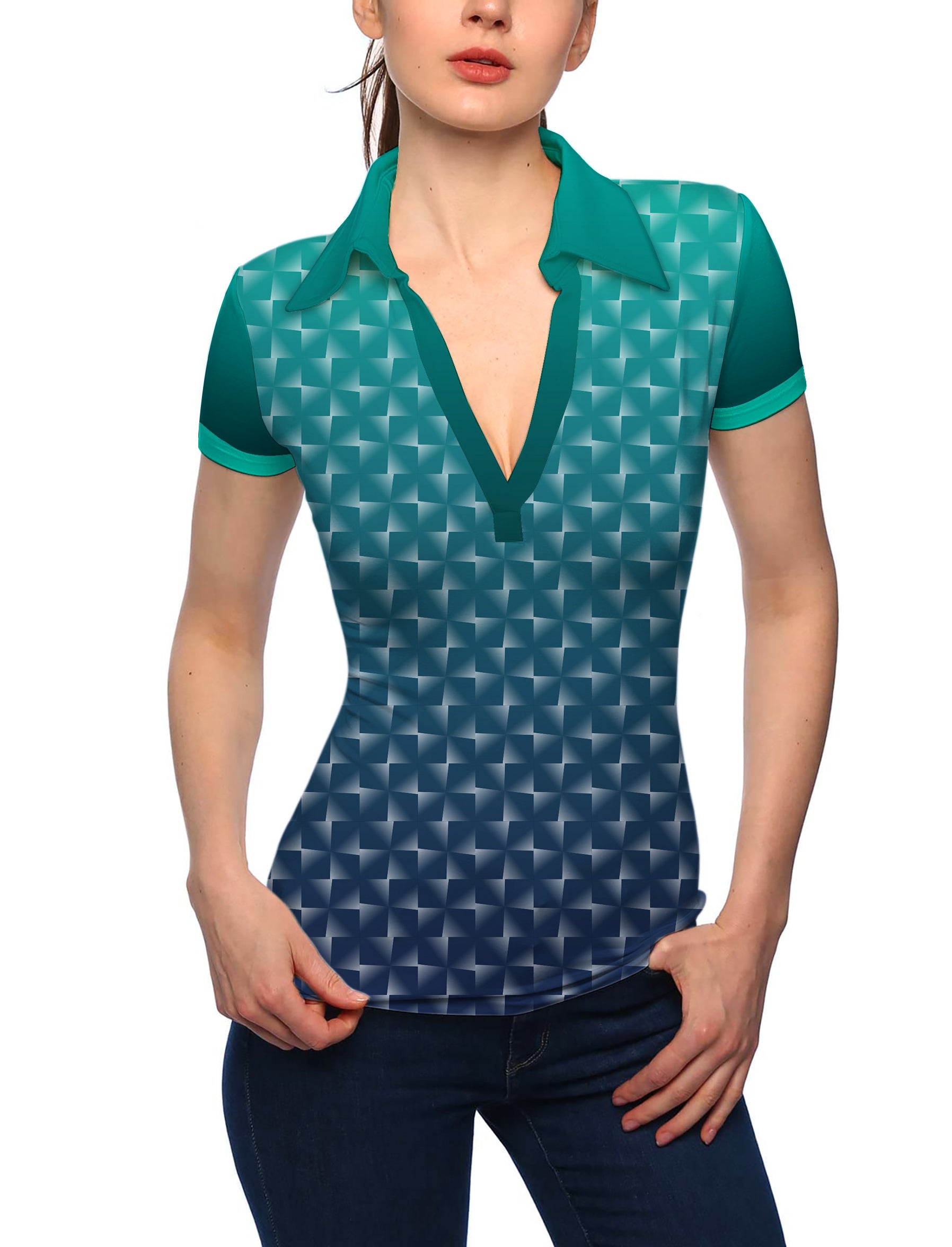 Women's Cyan Gradient Custom Sport Team Competition Uniforms- V Neck Golf Polo
