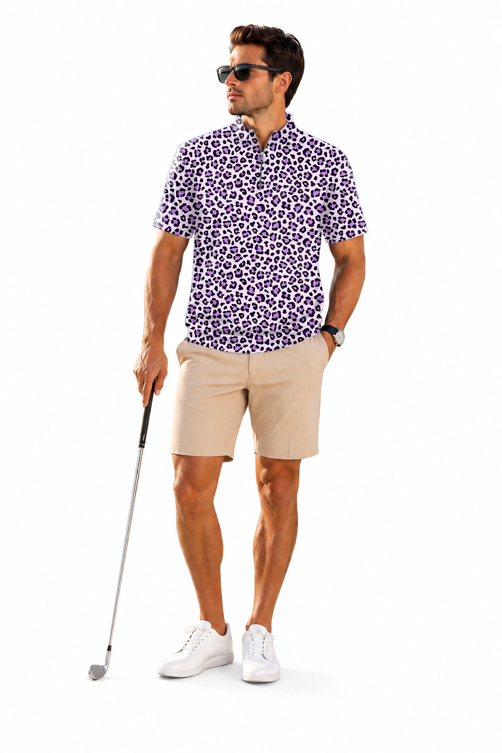 Men's Short Sleeve Quarter Zip Golf Pullover pink leopard print
