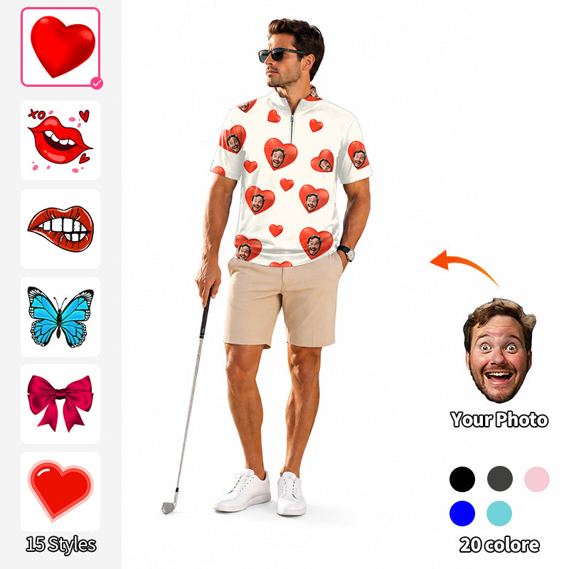 Valentine's Day Men's Short Sleeve Quarter Zip Golf Pullover   Custom Photo Face Custom Color White Love Embroidery