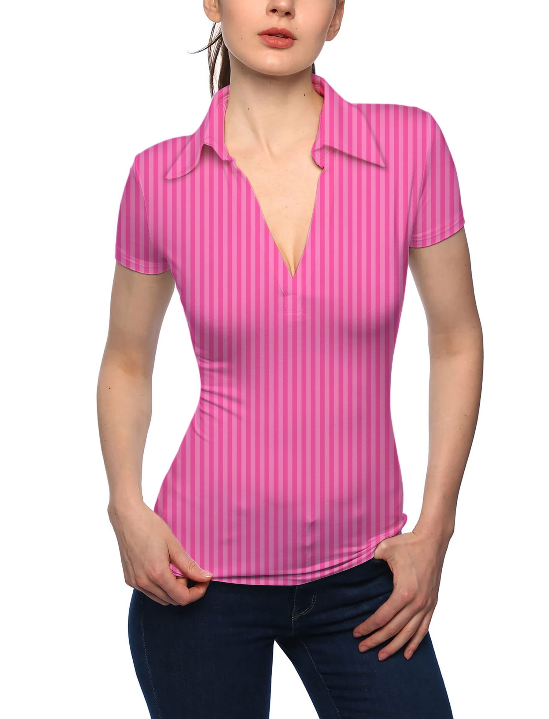 Women's Pink Stripe V Neck Golf Polo