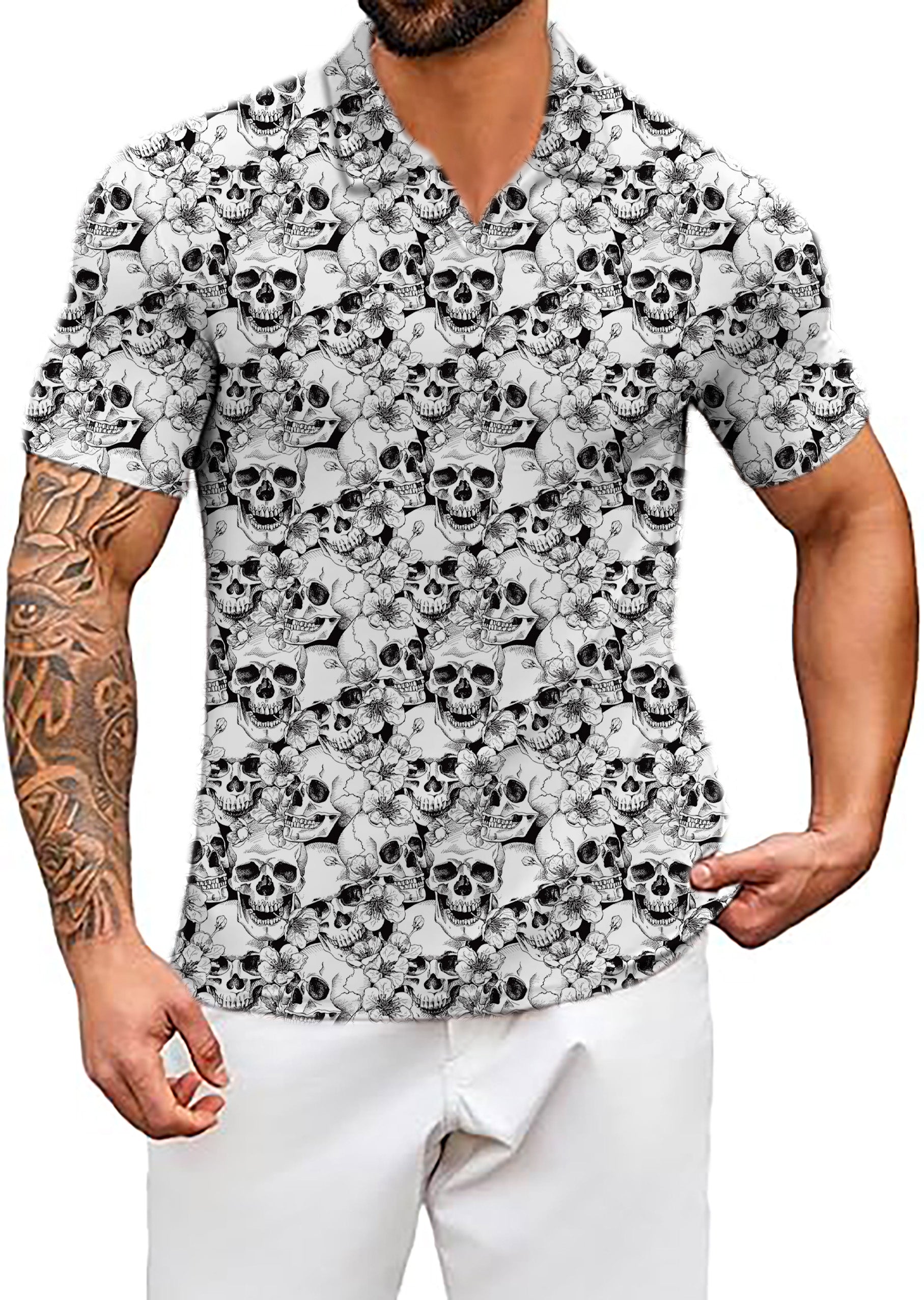 Men's Black Skulls V Neck Golf Polo Shirts