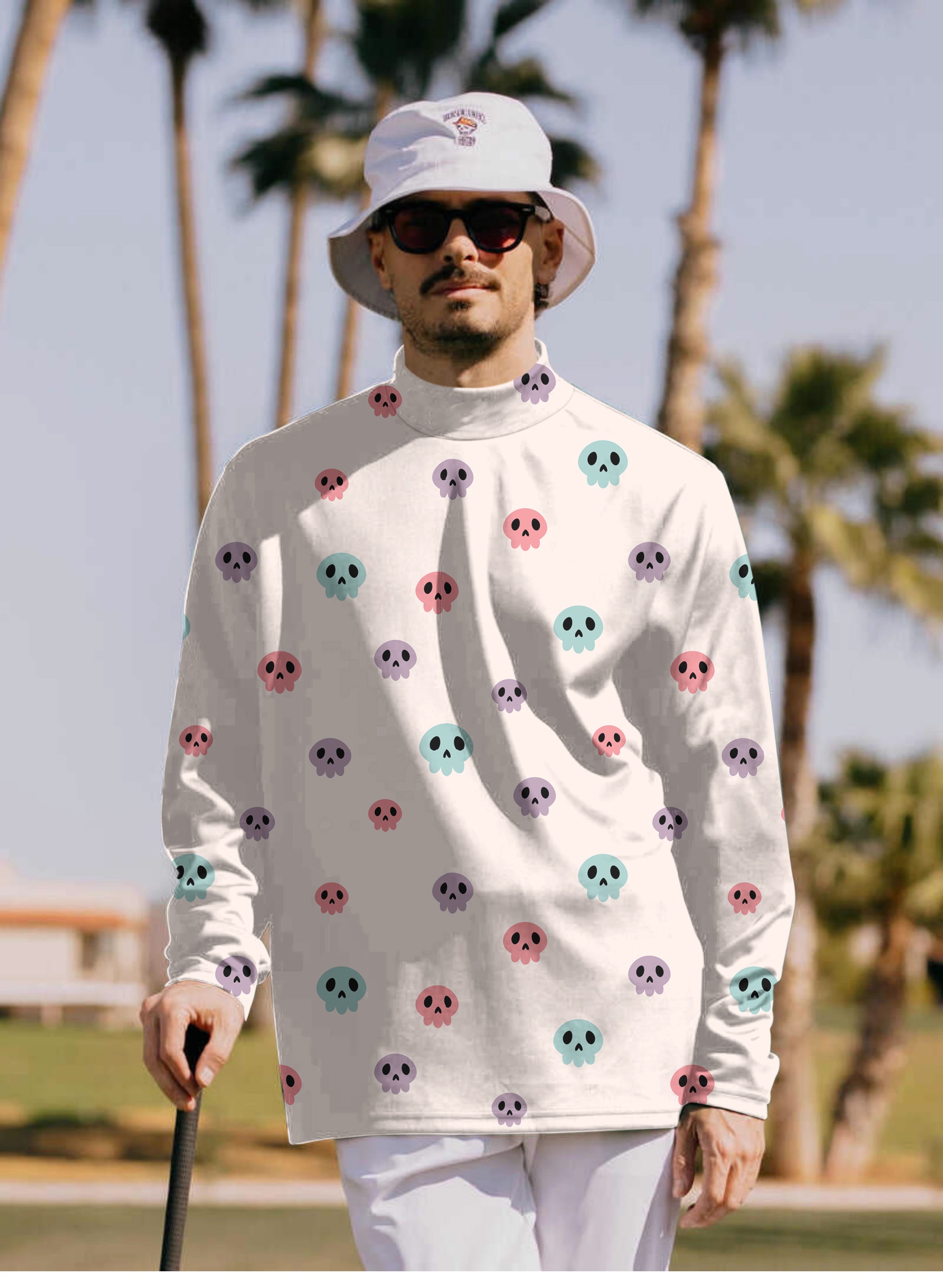 Men's Colorful Halloween Skull Mock Neck Long/Short Sleeve Golf Tops