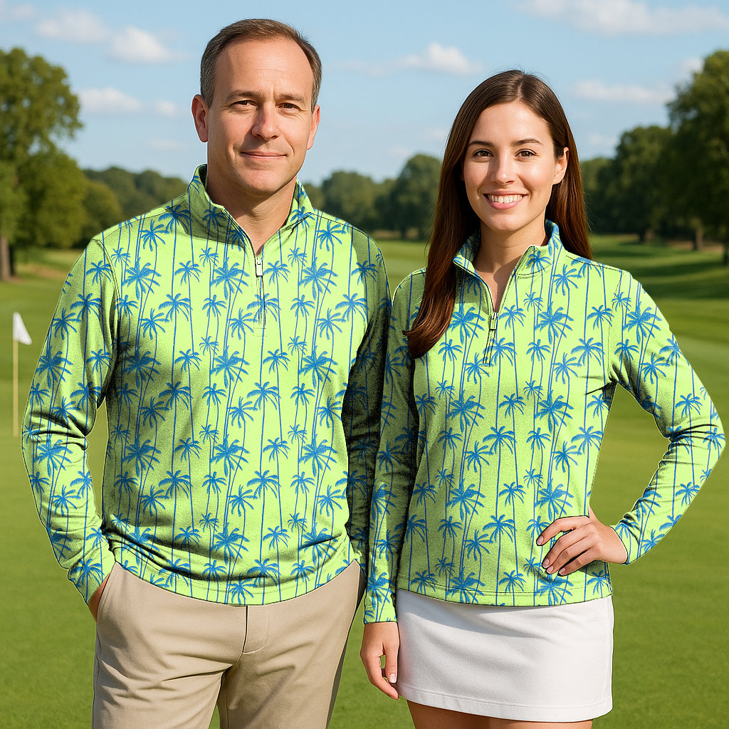Green And Blue Coconut Trees Couple Golf Active 3/4 Zipper Top Long Sleeves