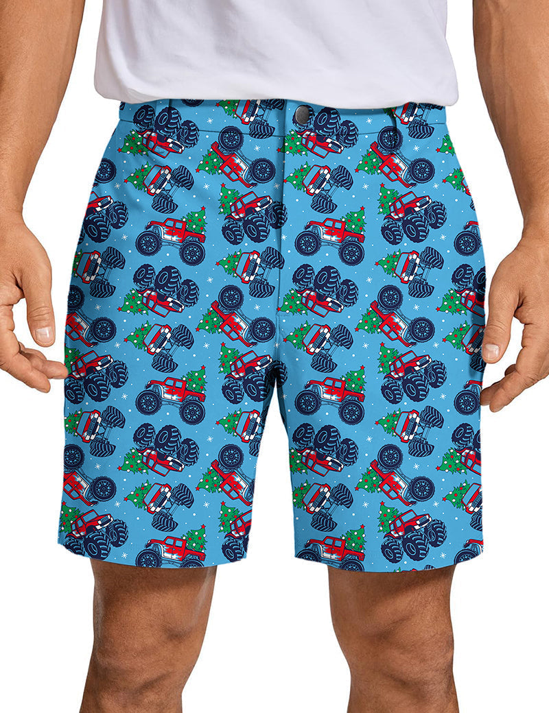Men's Christmas truck golf shorts with festive truck print, quick-dry, lightweight, and stretch fabric design