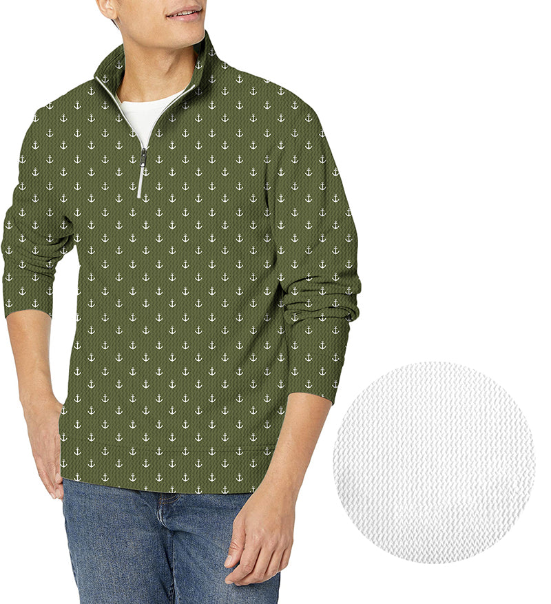 dark green anchor men's golf waffle zipper pullover with anchor pattern and textured fabric close-up