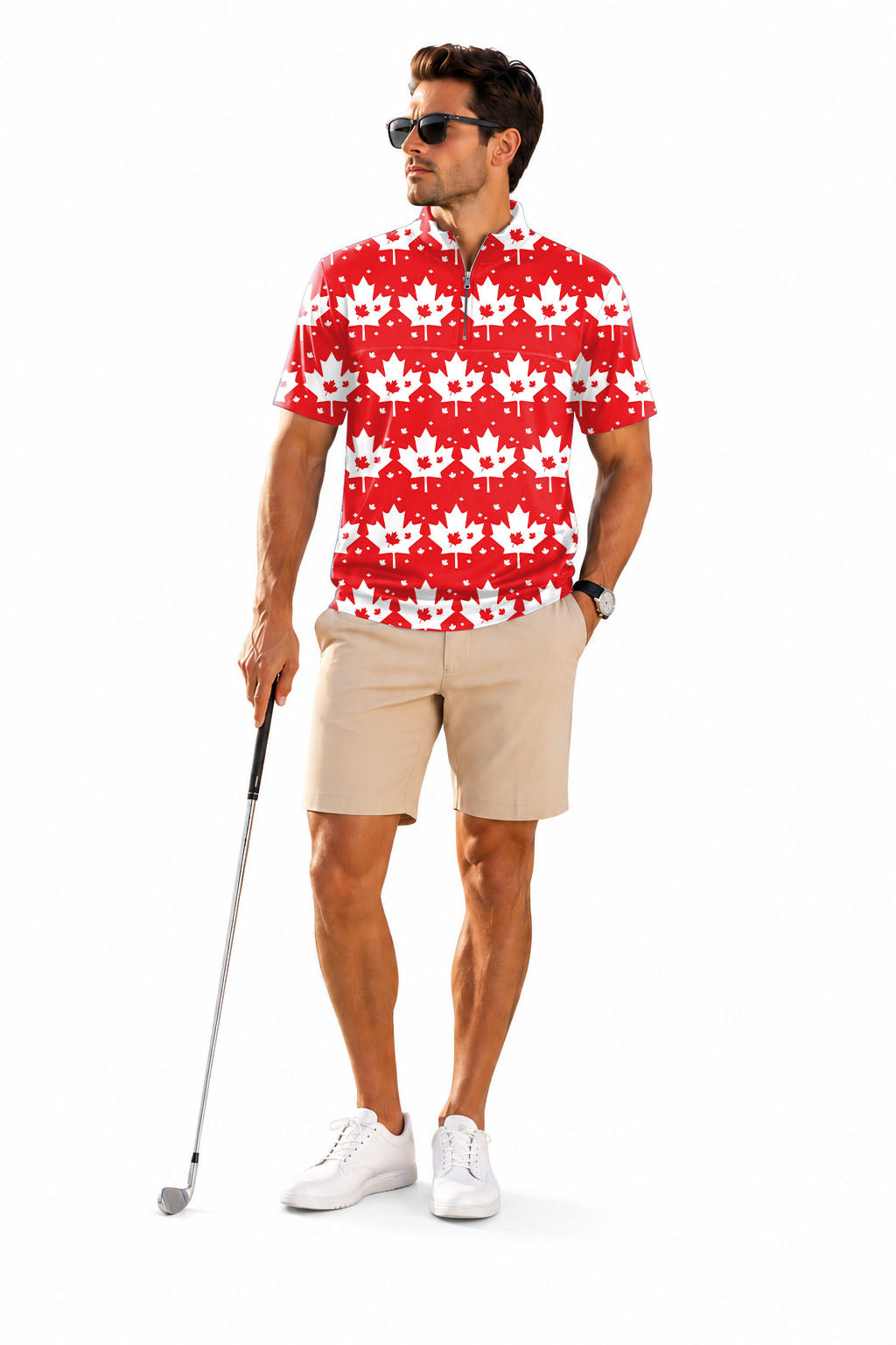 Men's Short Sleeve Quarter Zip Golf Pullover   Canadian Maple Leaf Embroidery