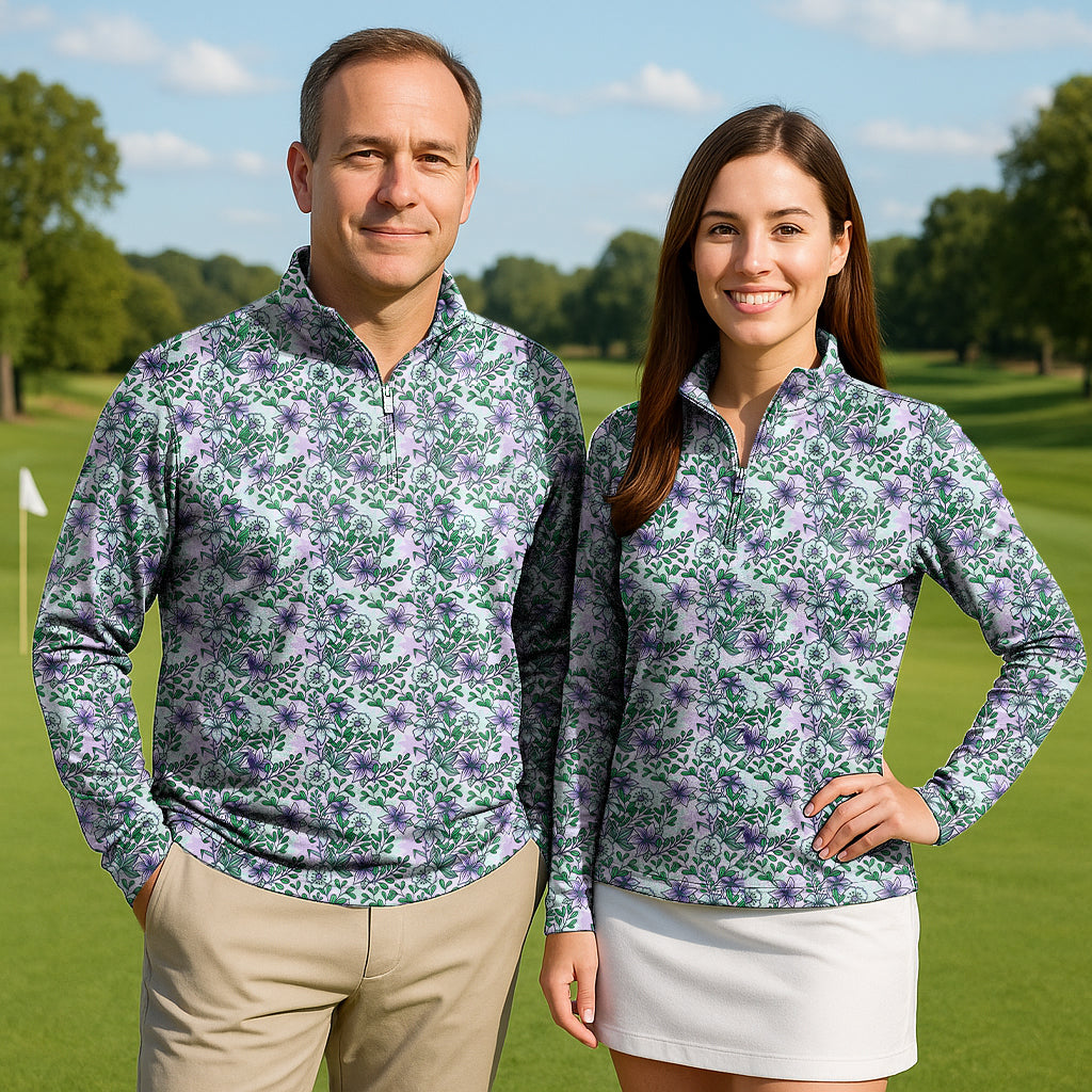 Purple flowers couple golf active 3/4 zip top long sleeves on man and woman on golf course