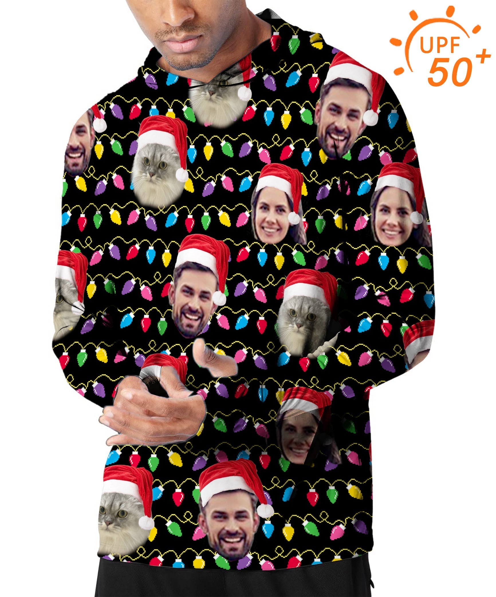 Men's outdoor slim fit custom face Christmas hoodie with UPF 50+ sun protection and festive design