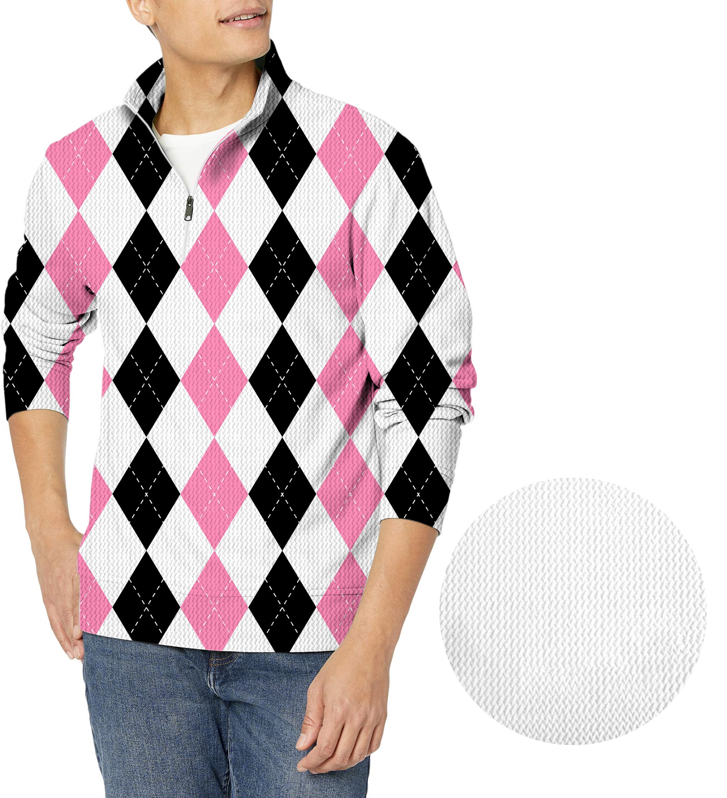 pink black argyle-Men's Golf Waffle Zipper Pullover