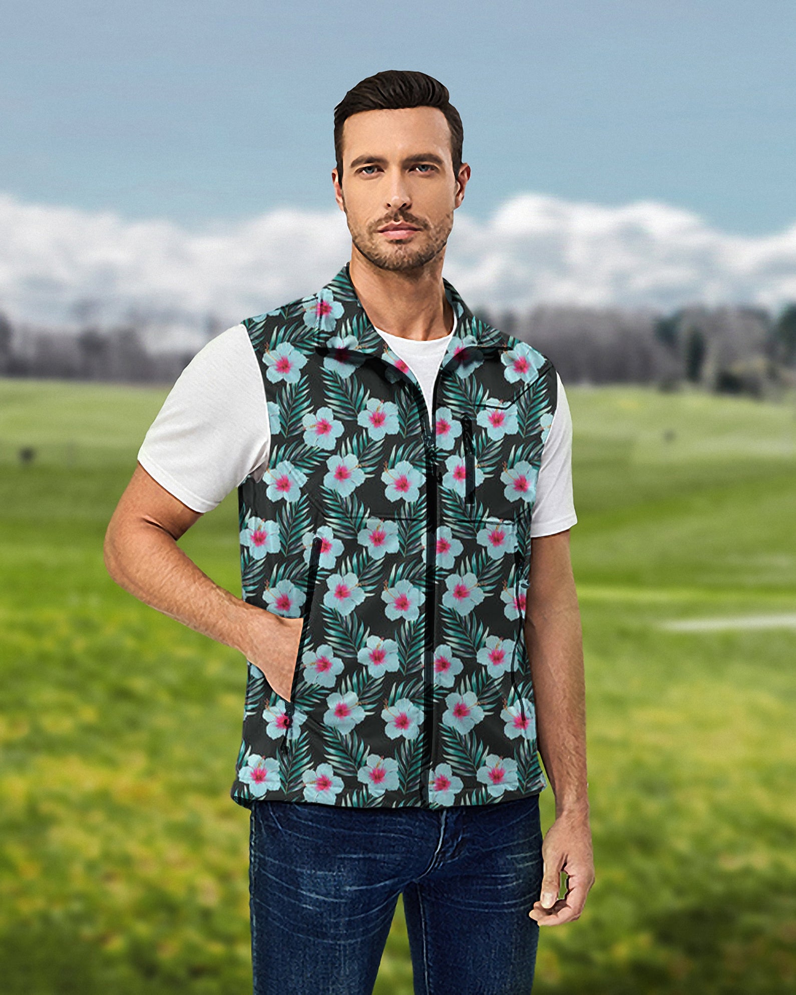 Men's Tropical Flowers Softshell Vest Sleeveless Jacket for Golf