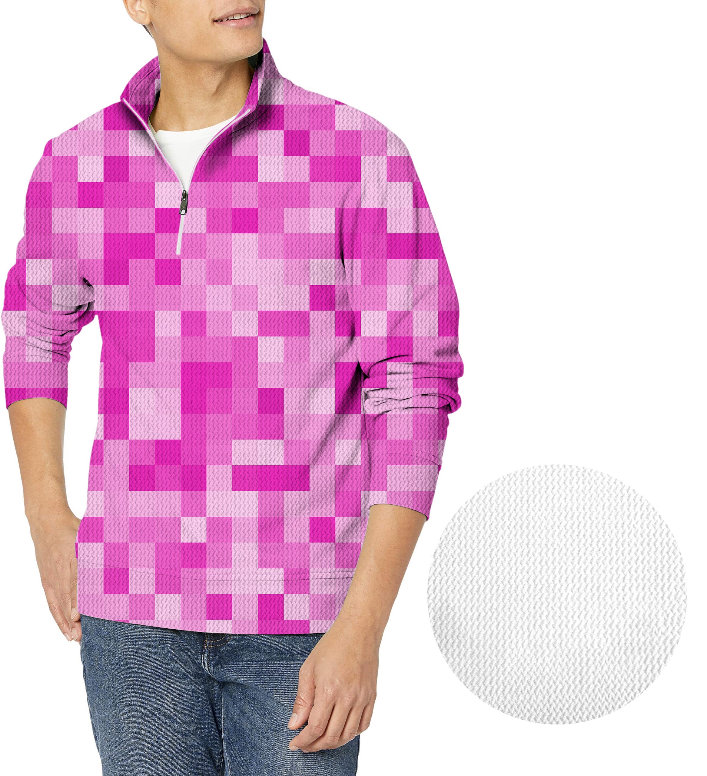 Rose Red Pixel Big Men's Golf Waffle Zipper Pullover