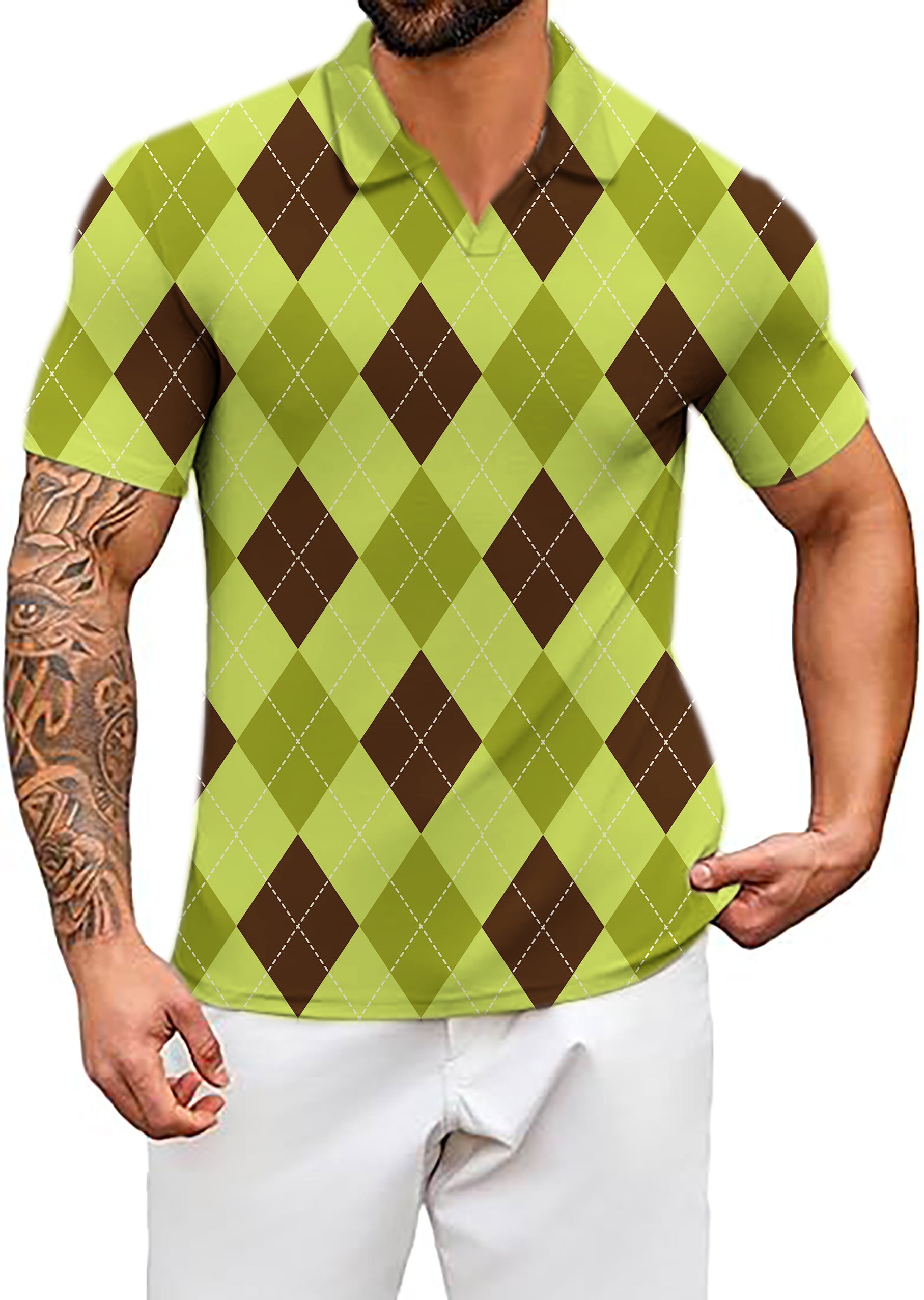 Men's Yollow Argyle V Neck Golf Polo Shirts