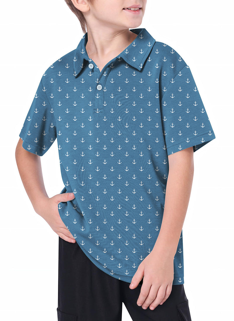 Youth Sea Blue Anchor Golf Polo with anchor print, 4-way stretch, moisture-wicking and UPF 40+ protection worn by young boy
