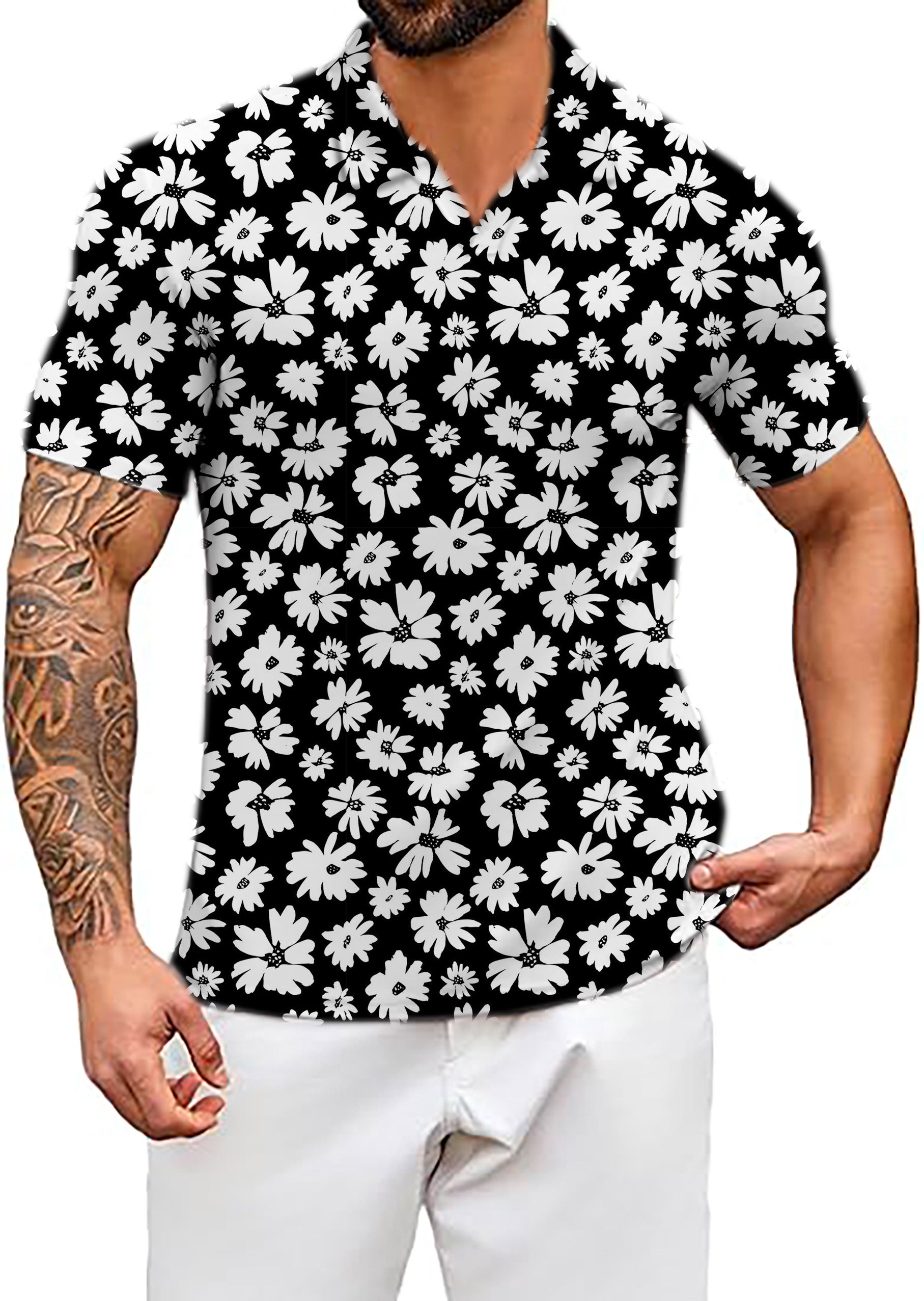 Men's Zebra Daisy V Neck Golf Polo Shirts