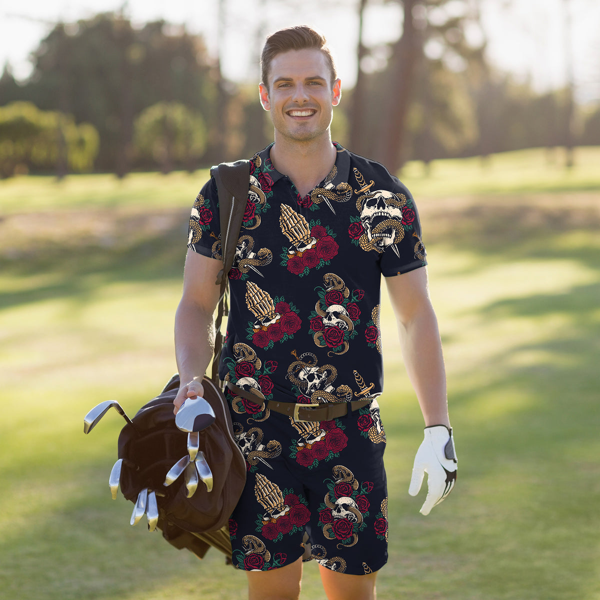Men's Golf Set Polo+Shorts Halloween Snake Skeleton
