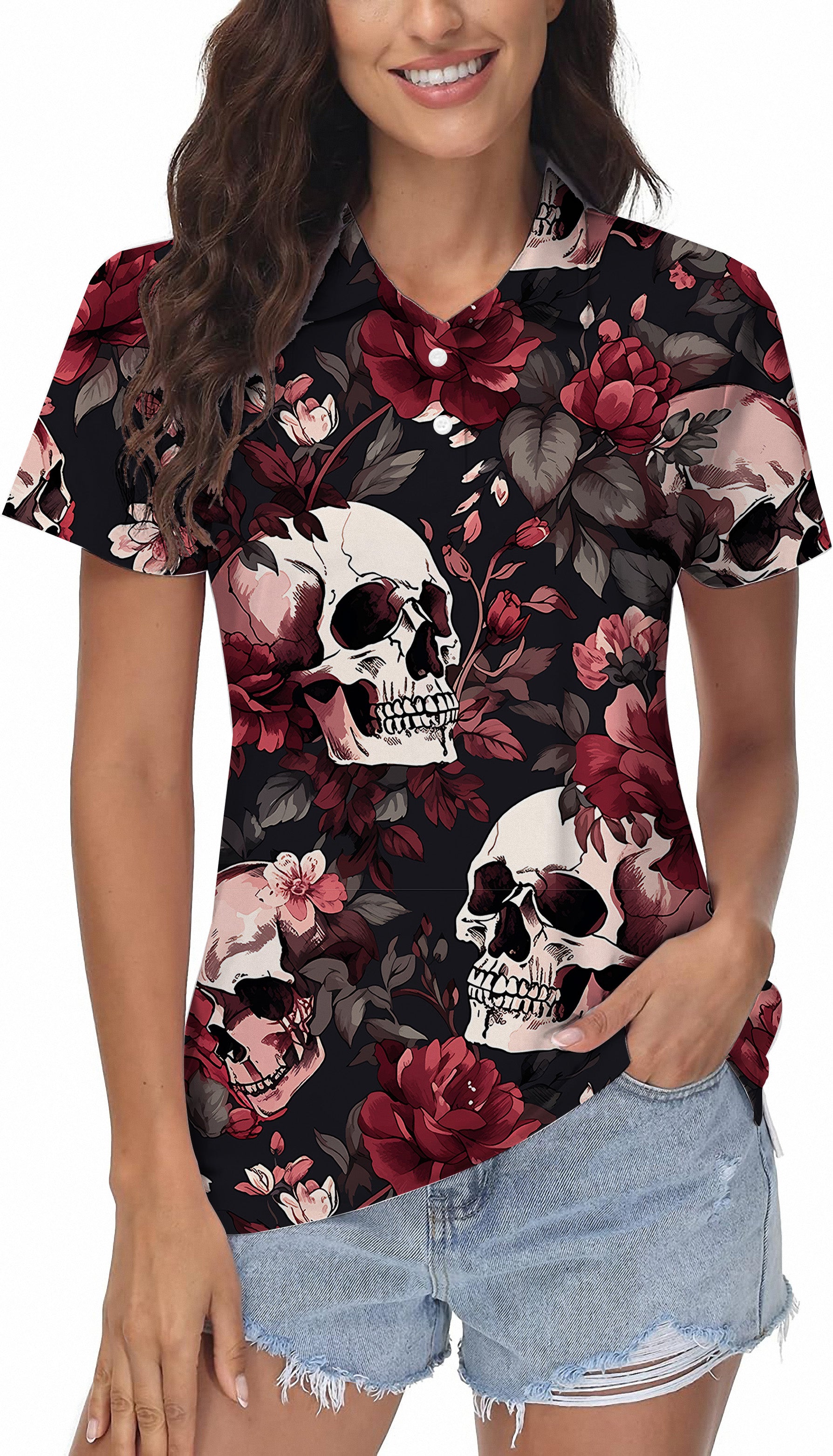 Halloween floral skull Women's Golf Polo