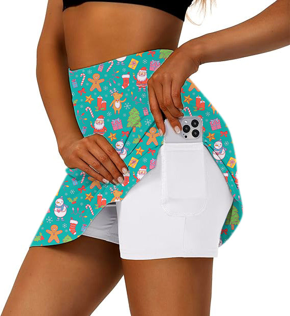 Women's Merry Christmas Golf Skirts Inner Shorts Pocket