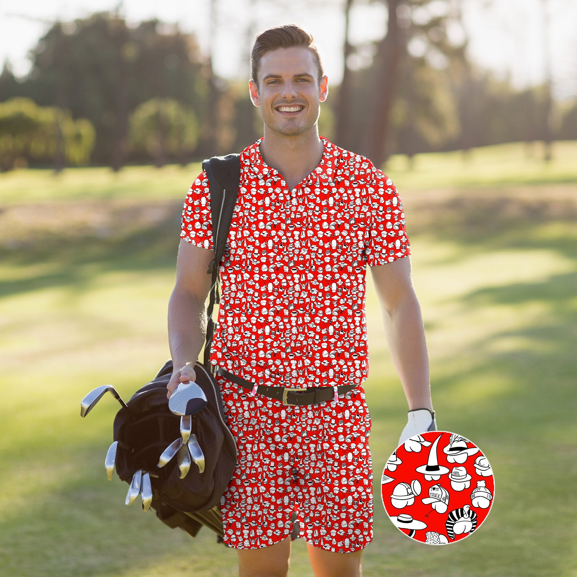 Men's Golf Set Polo+Shorts Red Versatile Hips Designer style