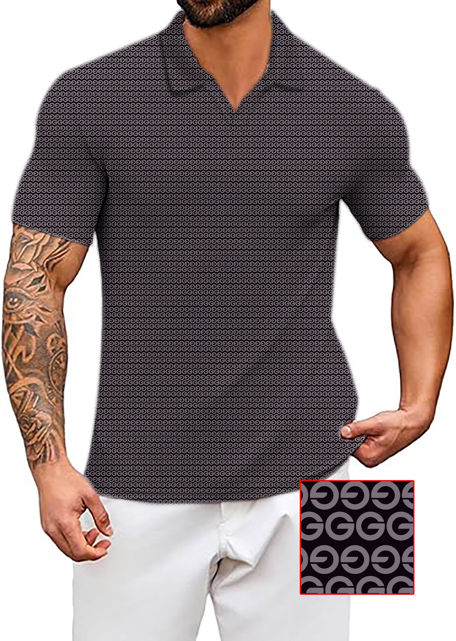 Men's Coconut Palm navy blue ink dots polo shirt with four-way stretch and moisture-wicking fabric