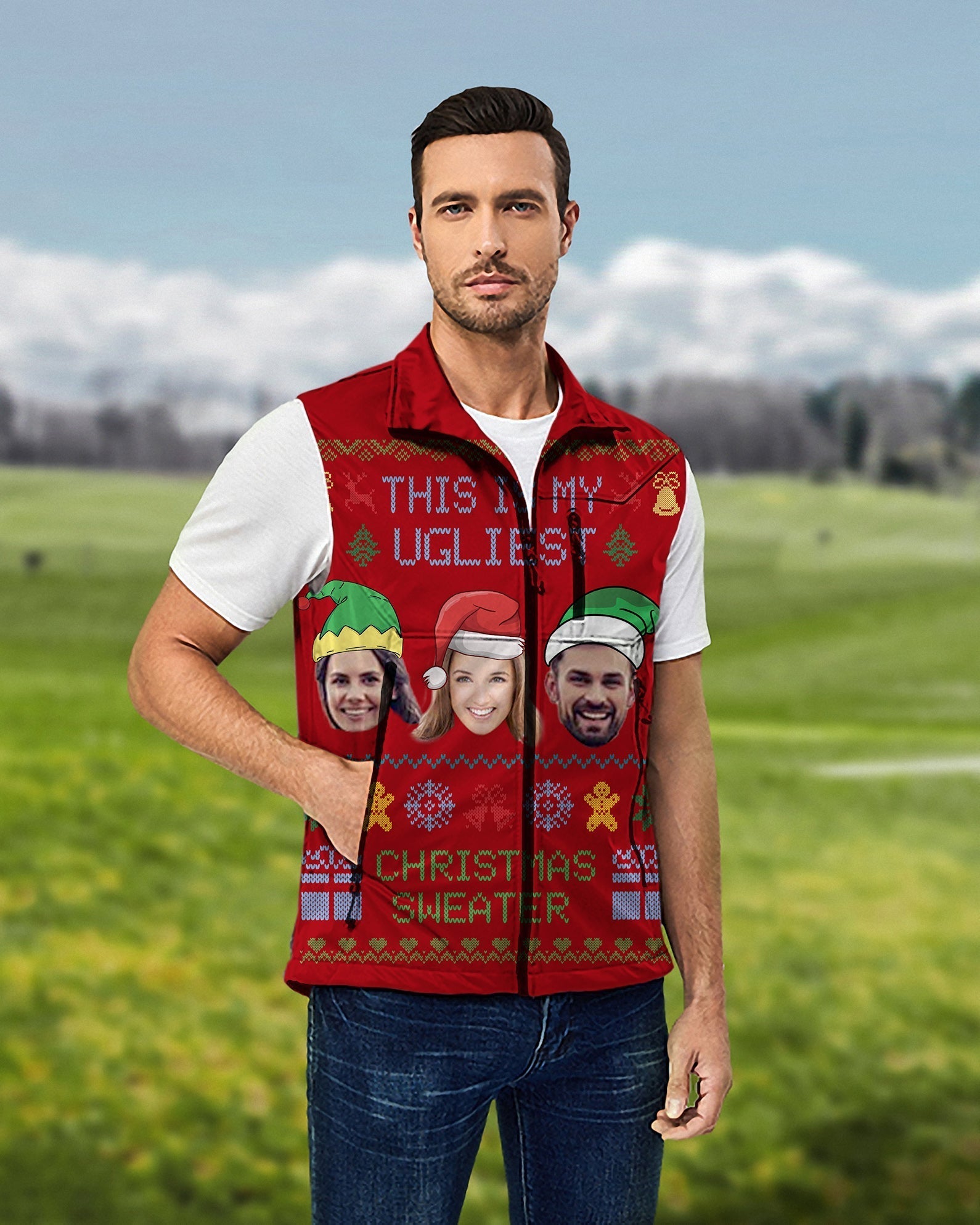 Men's red Christmas custom face lightweight softshell sleeveless golf vest windproof waterproof
