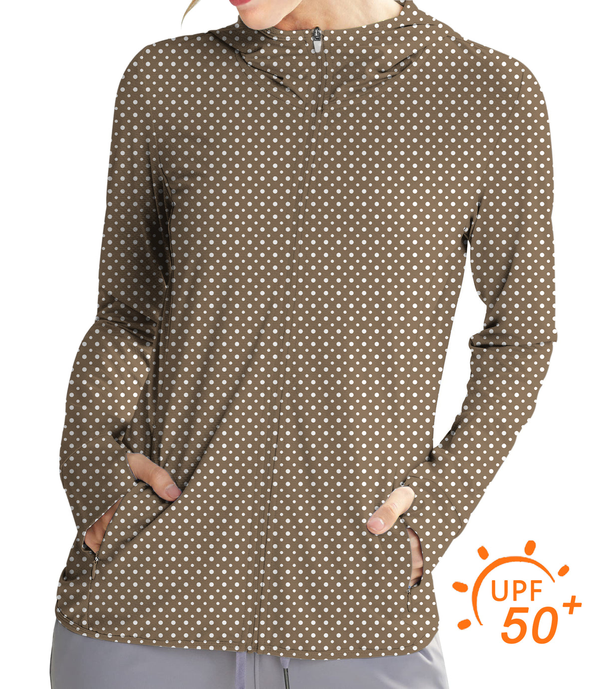 Women's Outdoor white polka dot brown Golf Sun Protection Slim Fit zip hoodies