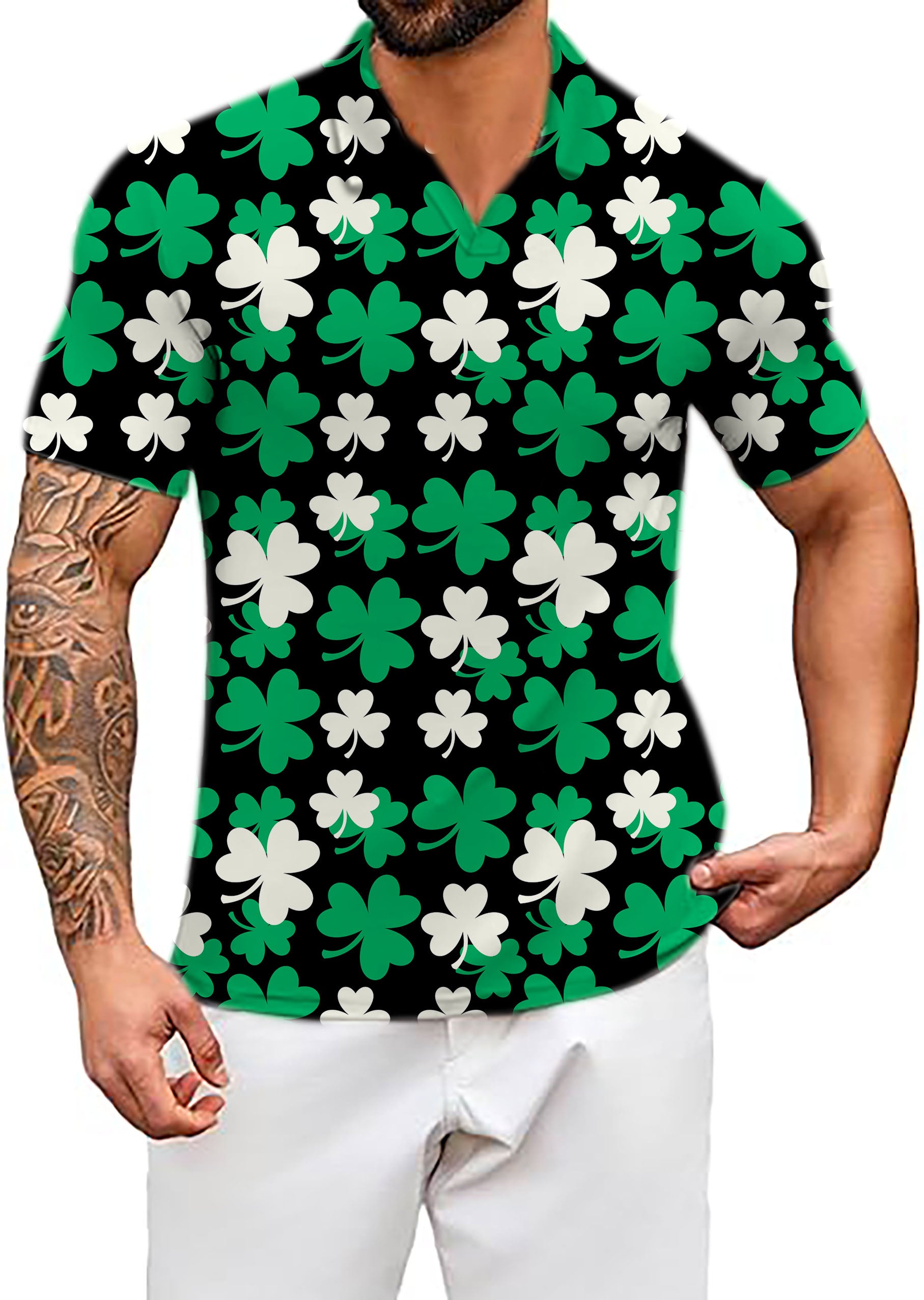 Men's Leaf clover St. Patrick's Day V Neck Golf Polo Shirts