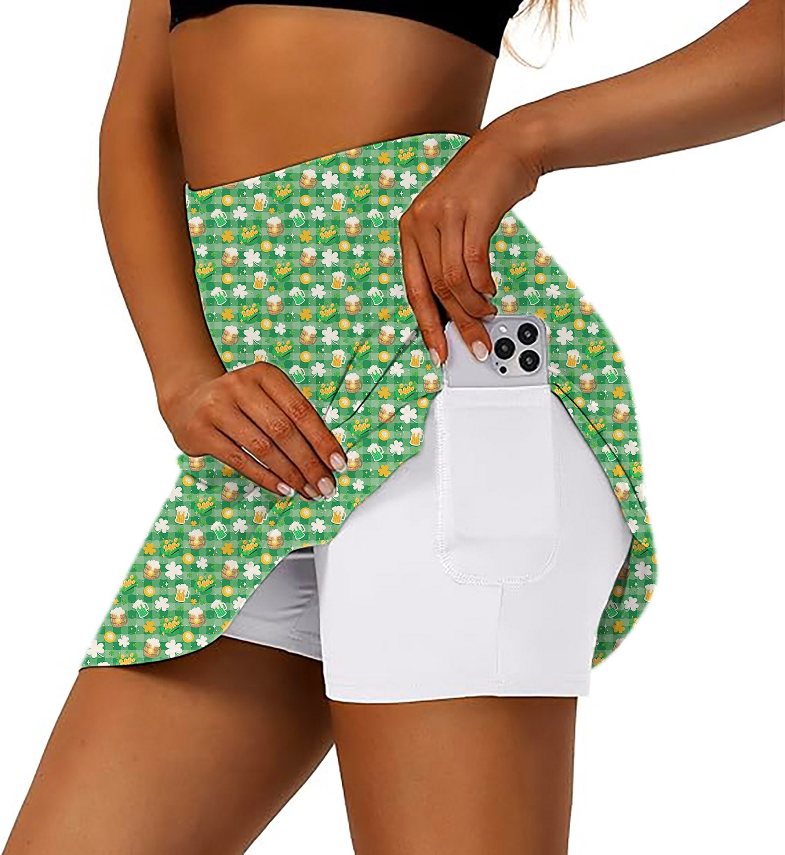 Green beer and clover leaf St. Patrick's Day Women's Athletic Golf Skorts Flared Skirts