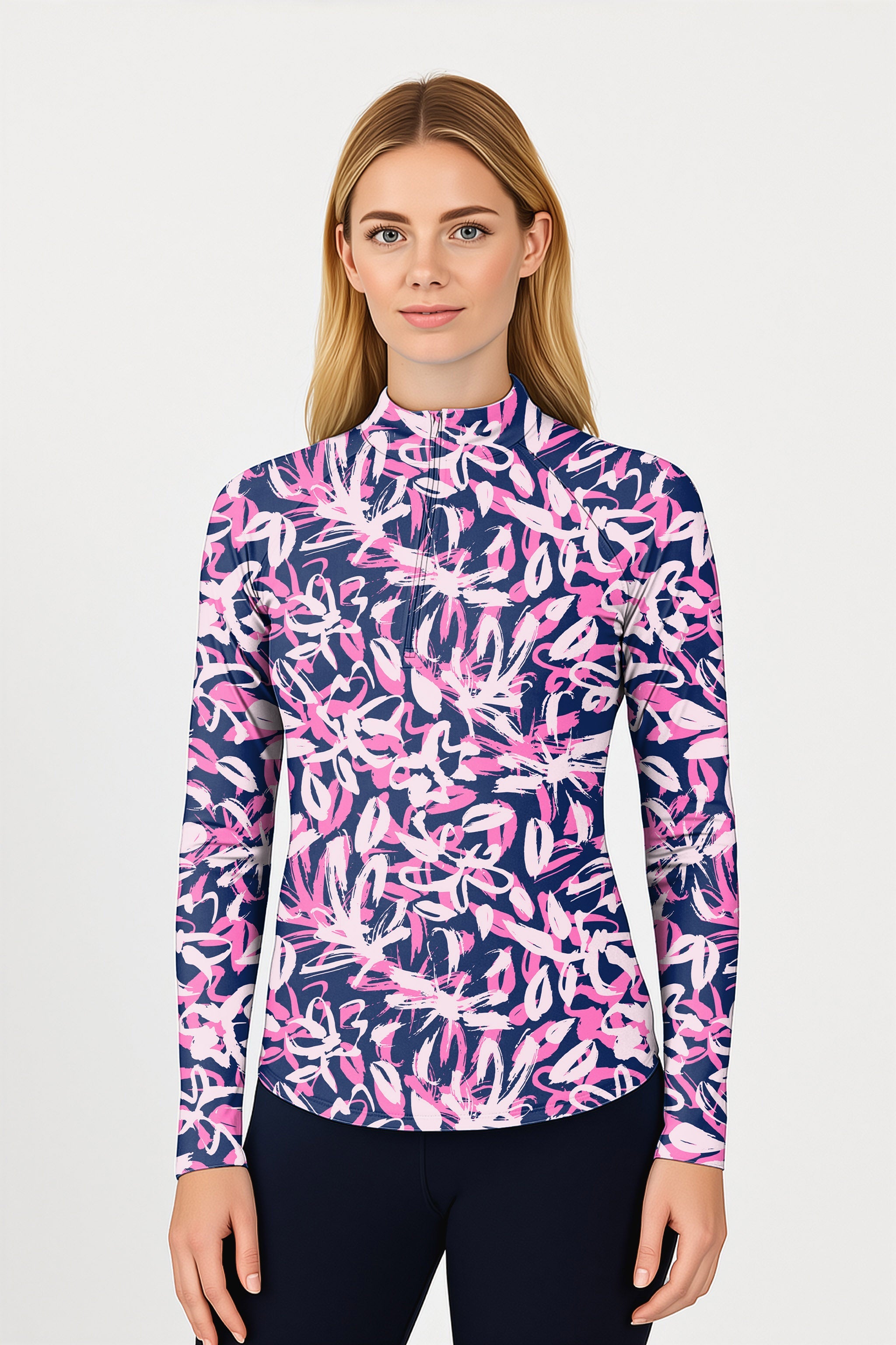 Draw Flowers Anchor Women's Golf active 3/4 zip top with long sleeves in pink and navy floral print, lightweight, UPF50+ sun protection