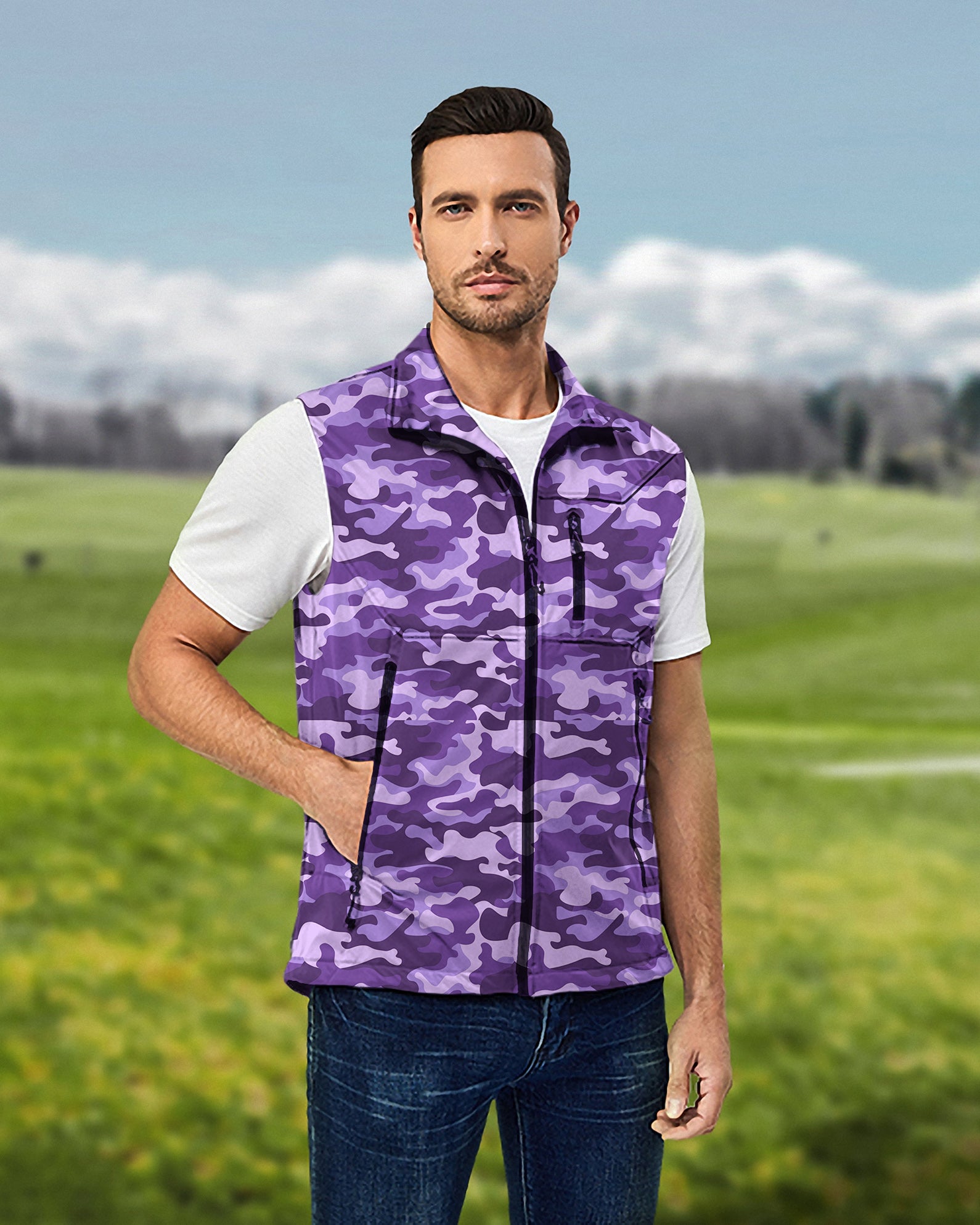 Men's Purple Camo Lightweight Softshell Vest Sleeveless Jacket for Golf Windproof Waterproof