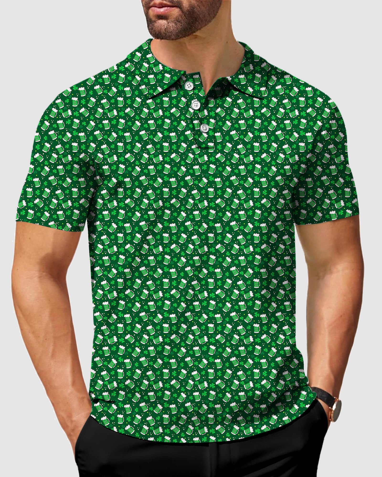 Men's Green beer clover leaf St. Patrick's Day Golf Polo