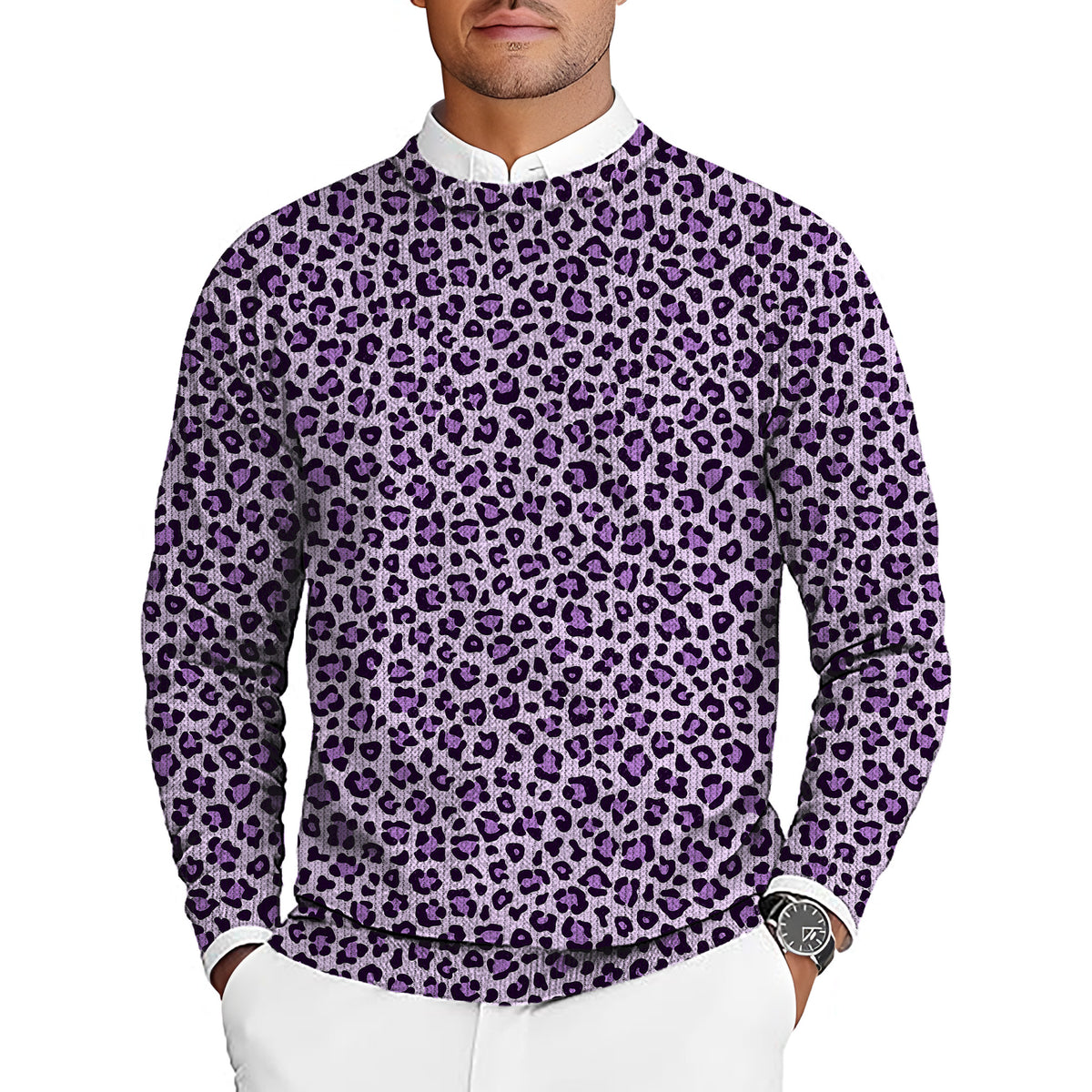 pink leopard print Men's Golf Crewneck Pullover Sweaters Ugly Sweater