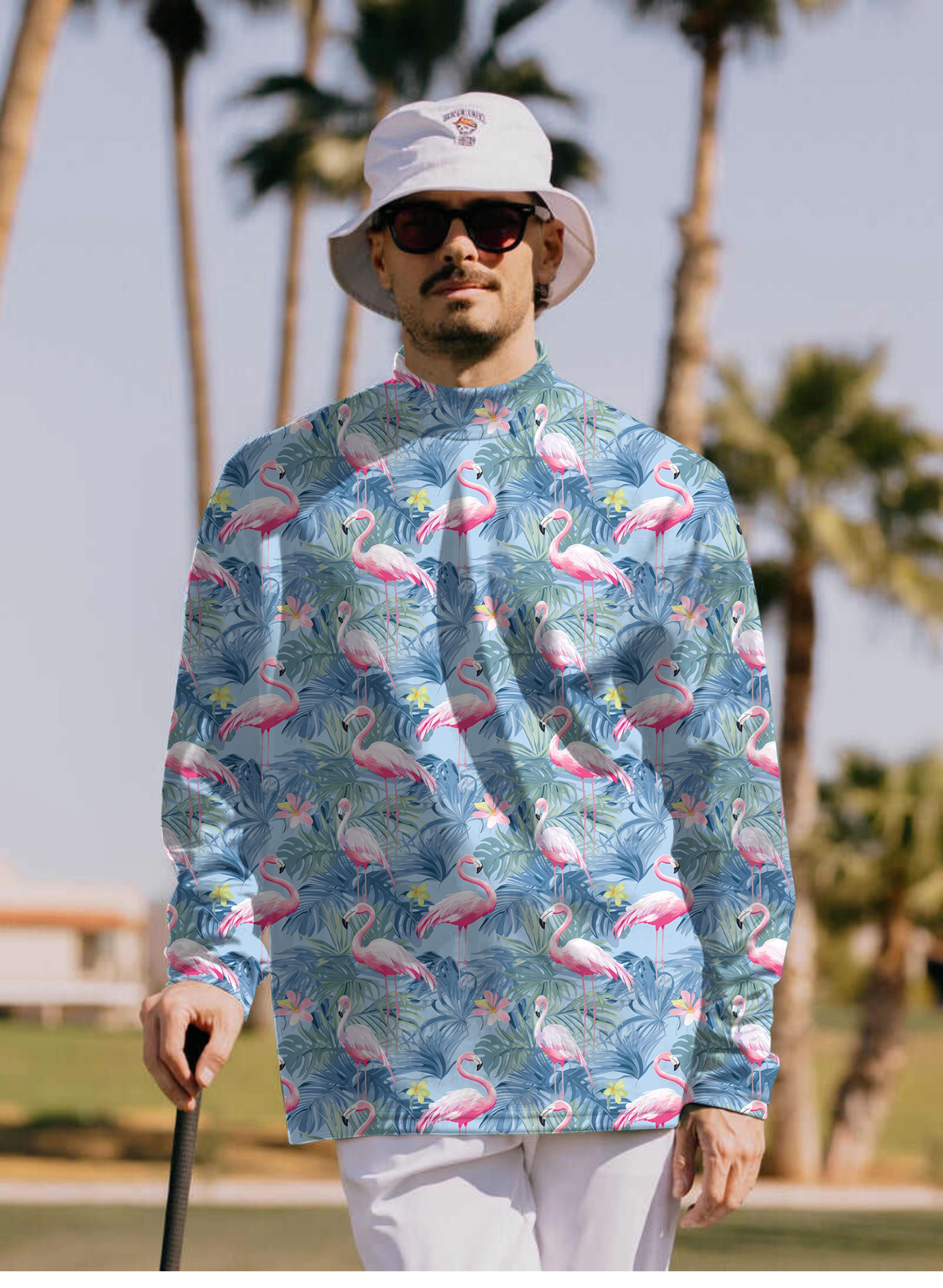 Men's Tropical birds pink flamingo Pullover High neck Long/Short sleeve T-Shirt