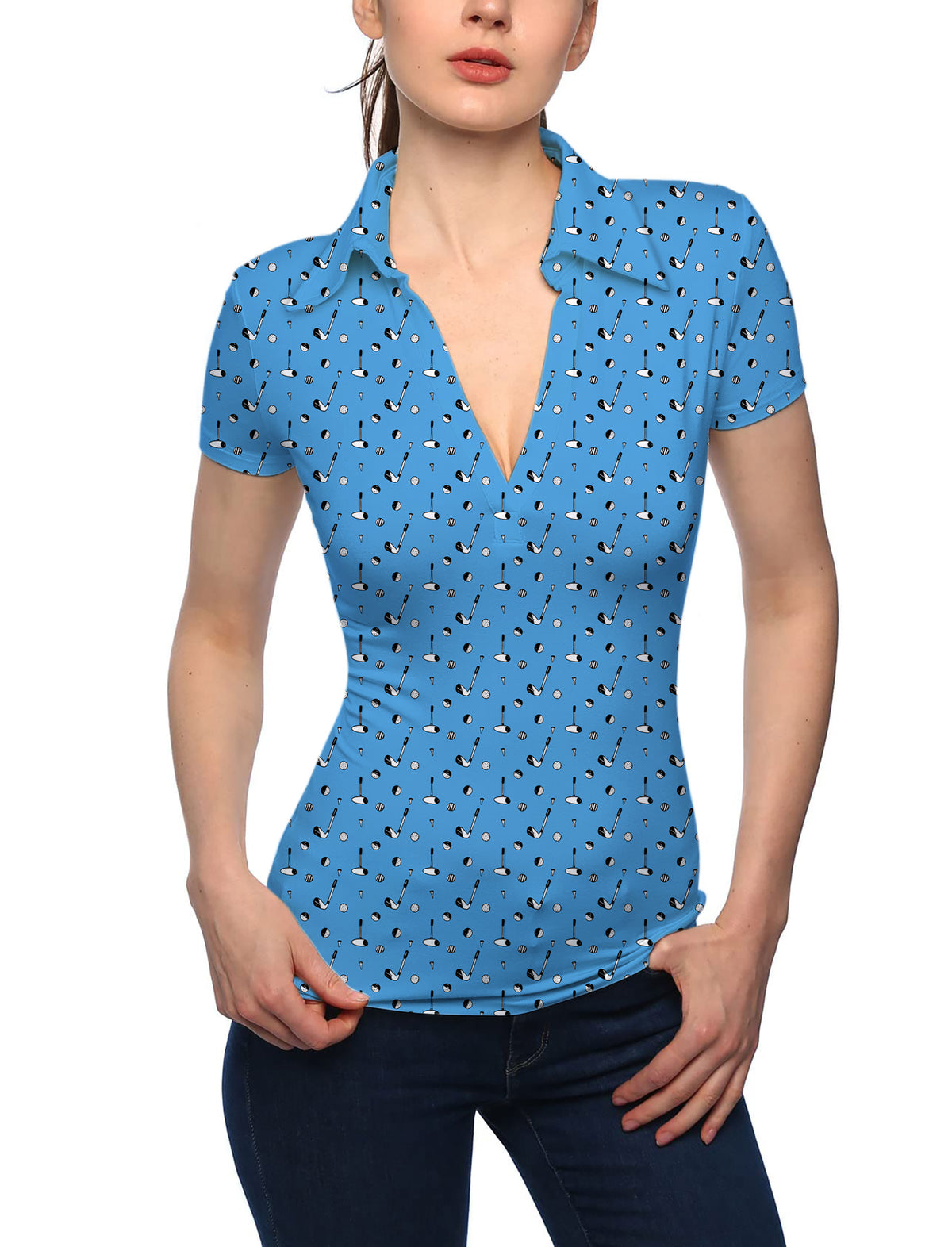 Women's Sky-blue golf life V Neck Golf Polo