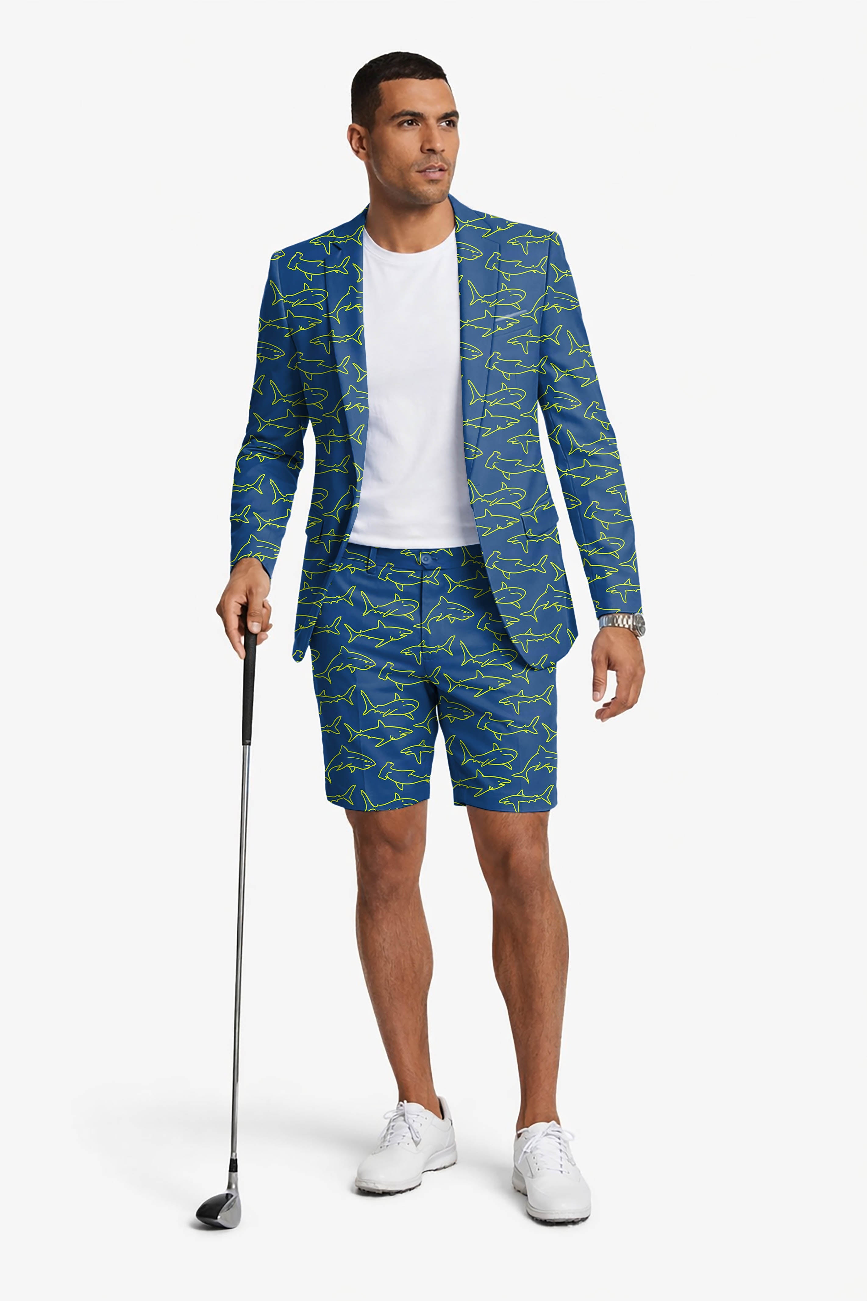Blue Sharks Men's Party Costumes-Theme Party 2pcs Suit set-Blazer Shorts