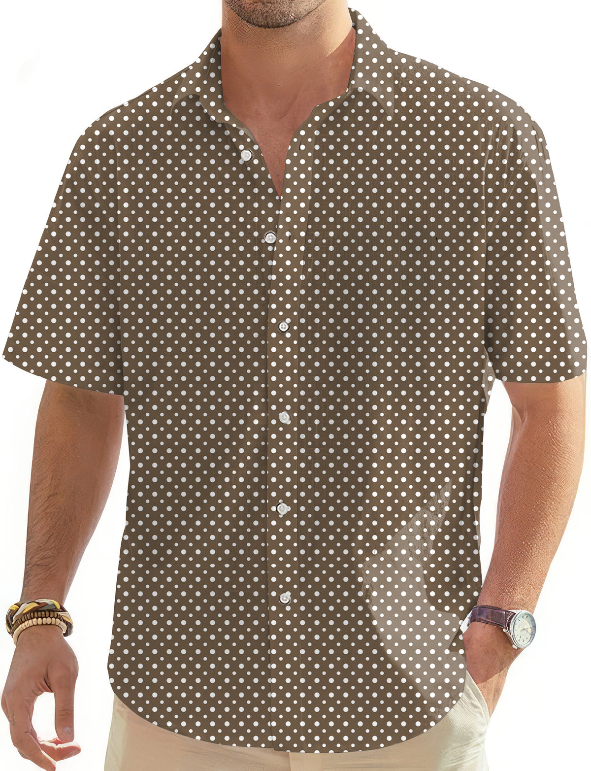 white polka dot brown Men's Golf Hawaiian Shirts Button Down Shirt