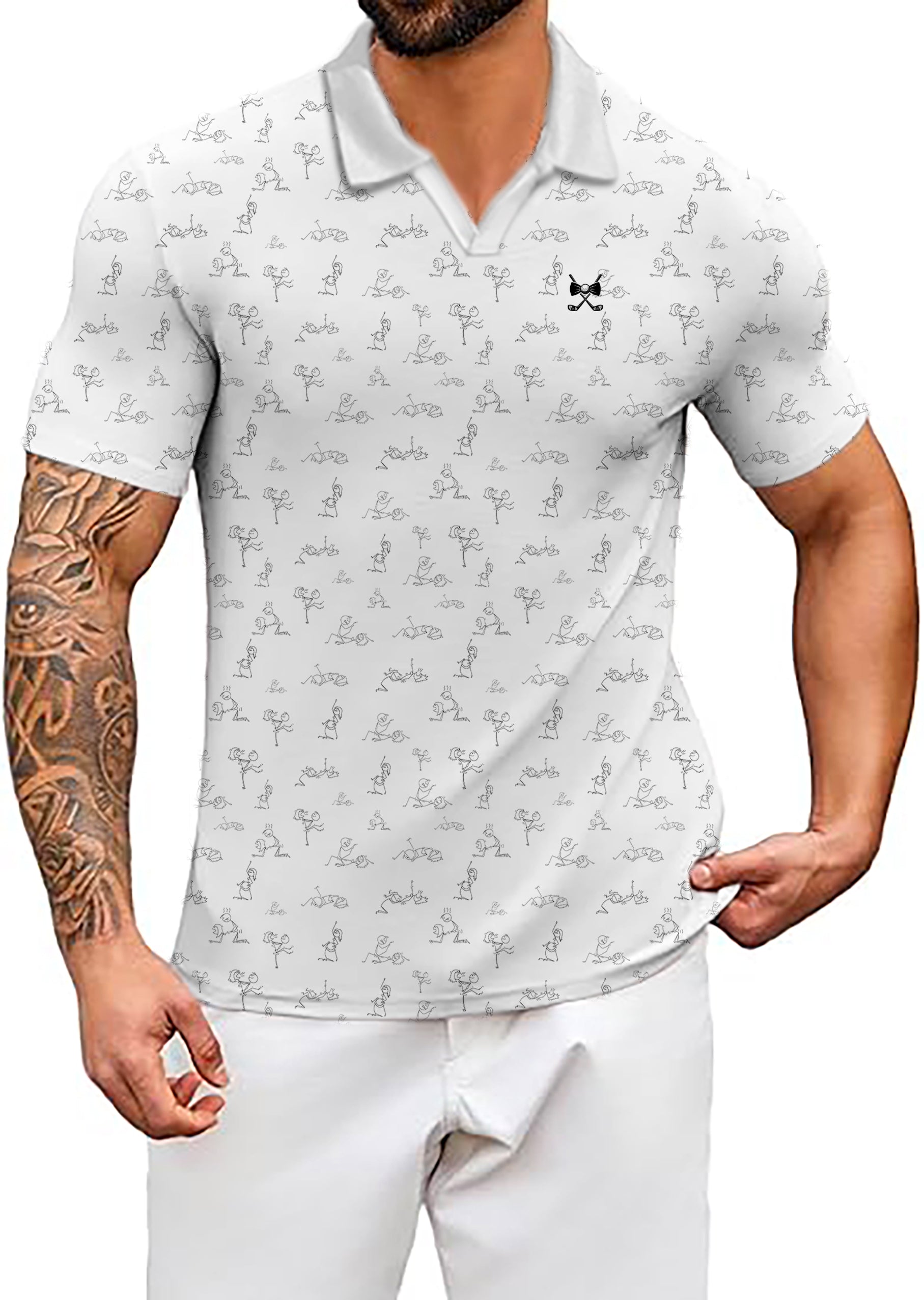 Men's White Funny Kamasutra Figures V Neck Golf Polo Shirts