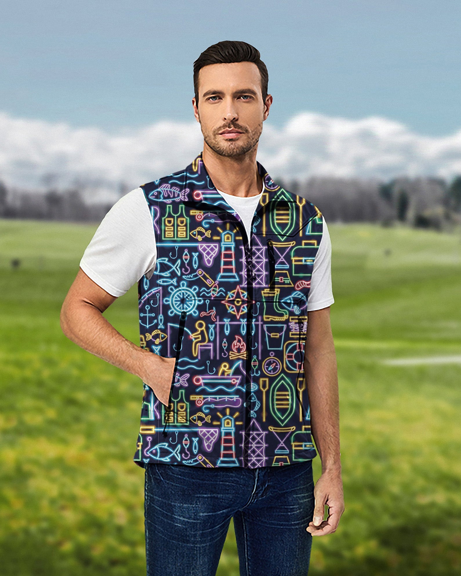 Men's Neon Fisherman Lightweight Softshell Vest Sleeveless Jacket for Golf